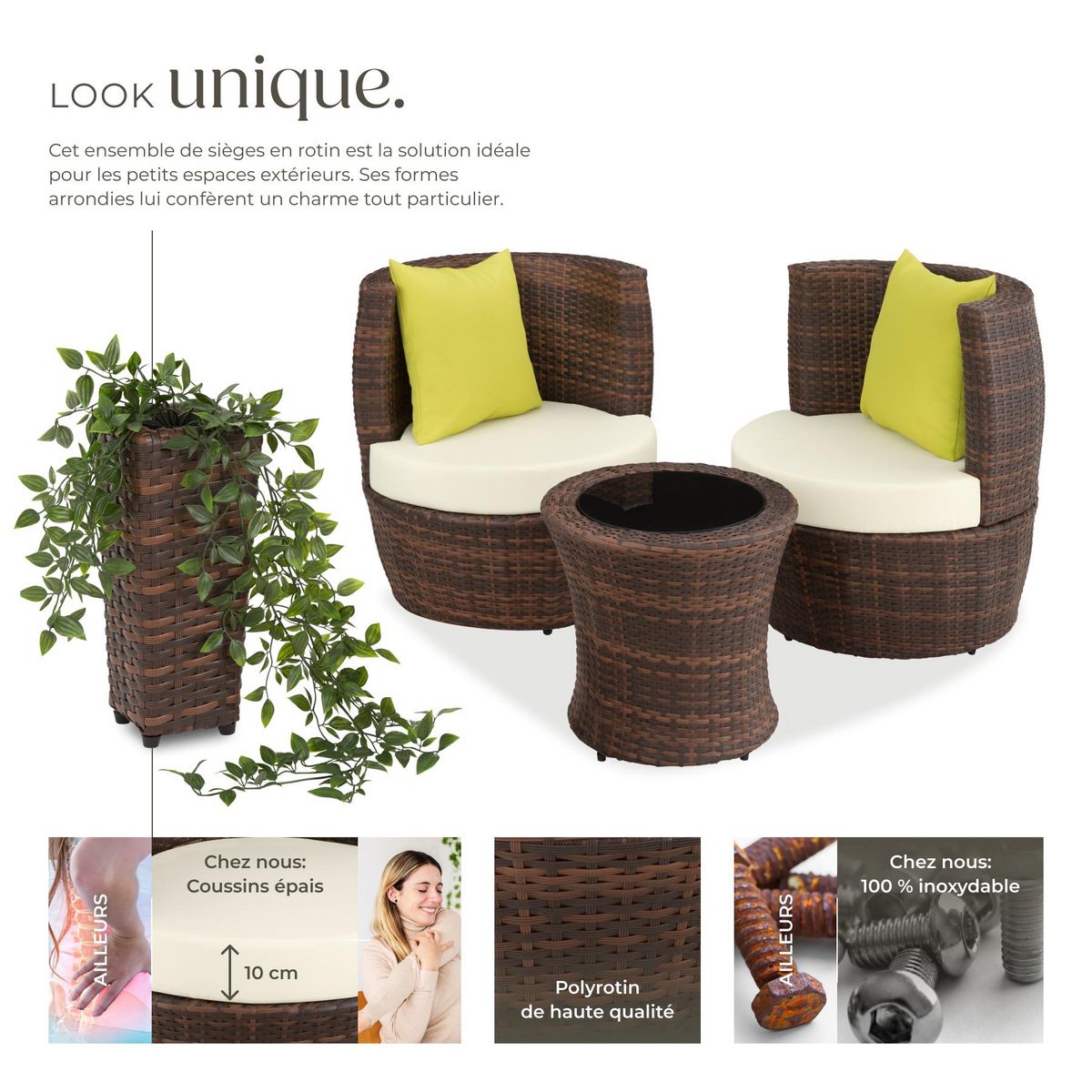 tectake Salon de jardin avec cadre en aluminium noir/marron