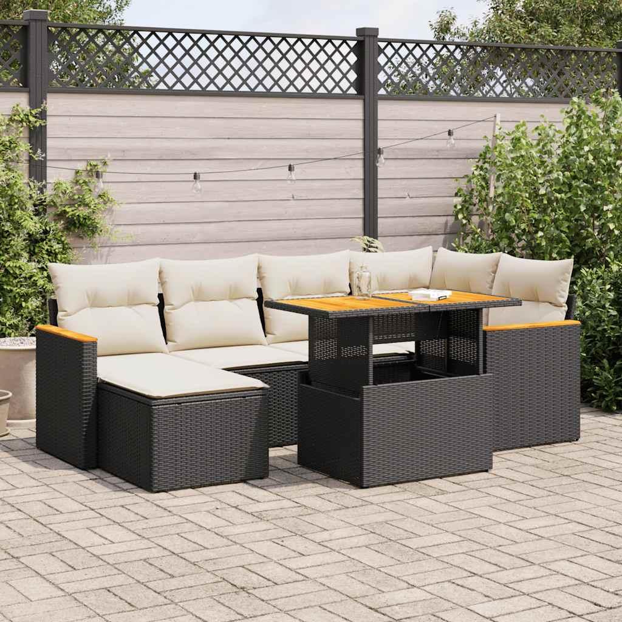 VIDAXL Salon de jardin avec coussins 7 pcs noir resine tressee acacia