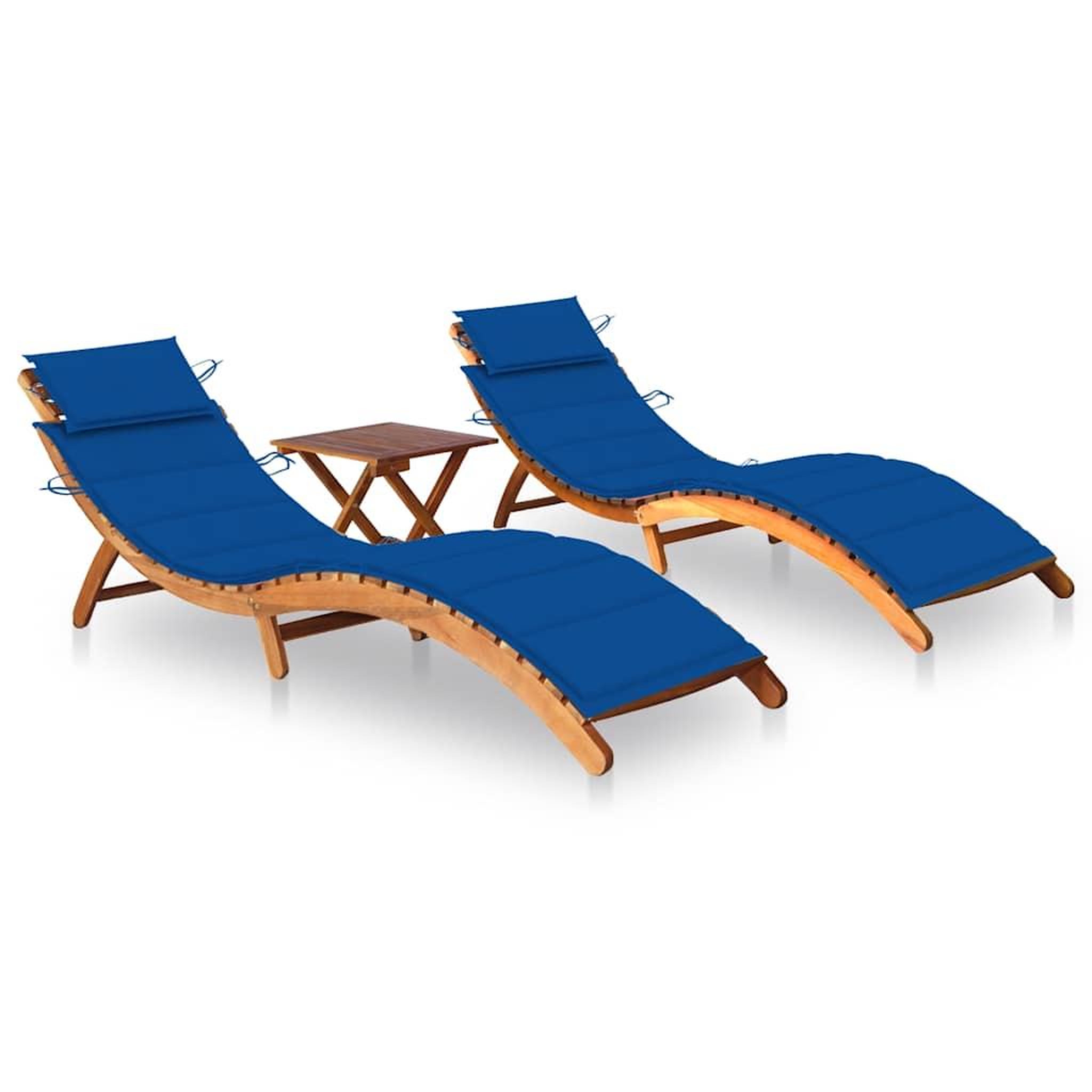 VIDAXL Chaises longues lot de 2 avec table et coussins Acacia solide