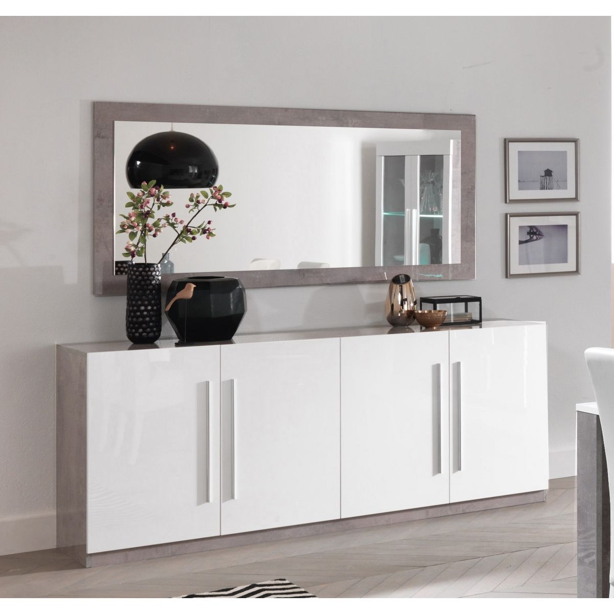 Buffet moderne laqué blanc brillant décor bêton marbré 4 portes TORINO