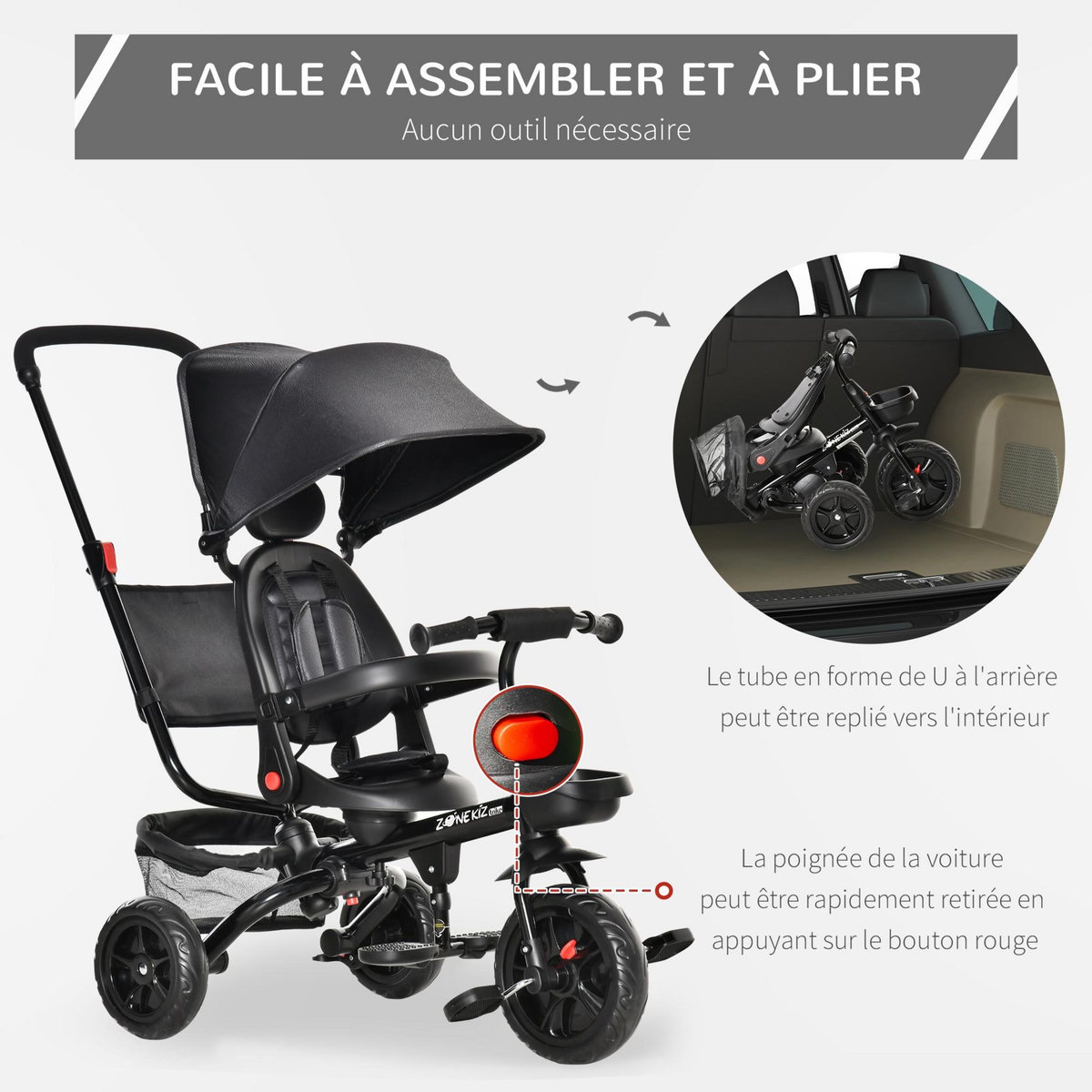 HOMCOM Tricycle enfant évolutif pliable - pare-soleil, canne télescopique amovible - siège pivotant, harnais, arceau sécurité - repose-pied - 3 paniers rangement - métal PP noir