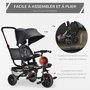 Voir la diapositive 6 : HOMCOM Tricycle enfant évolutif pliable - pare-soleil, canne télescopique amovible - siège pivotant, harnais, arceau sécurité - repose-pied - 3 paniers rangement - métal PP noir