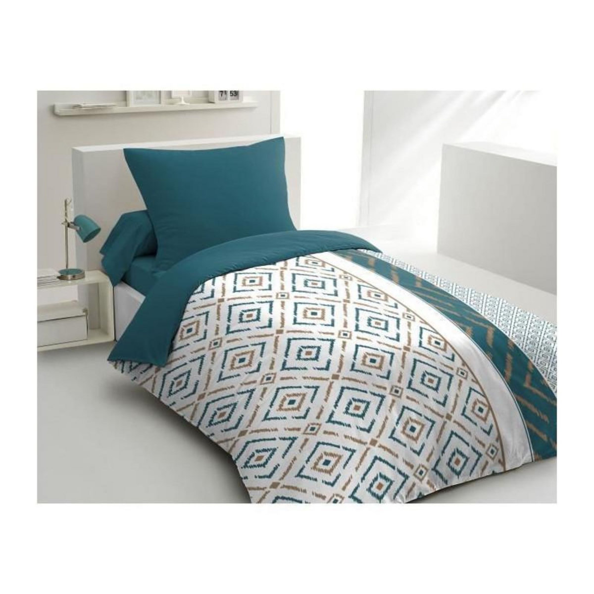 HOME LINGE PASSION Parure de couette microfibre Ethno - 1 housse de couette 140x200 cm + 1 taie d'oreiller 63x63 cm - Bleu canard - HOME LINGE PASS