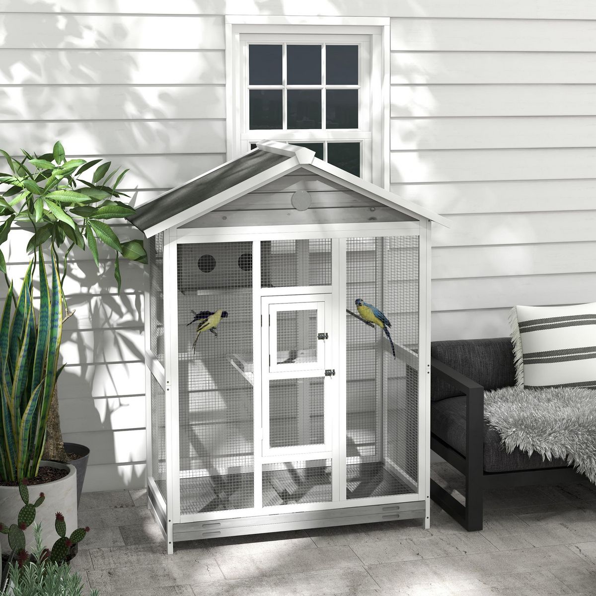 PAWHUT Cage oiseau grande taille - volière à oiseaux dim. 112 x 68 x 154 cm - nombreux accessoires - métal bois blanc gris noir