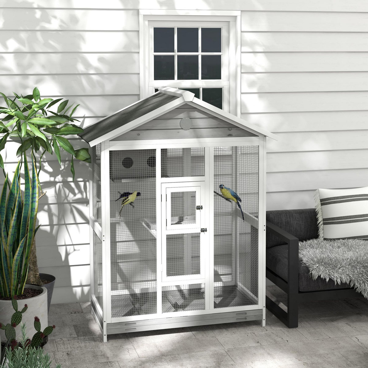 PAWHUT Cage oiseau grande taille - volière à oiseaux dim. 112 x 68 x 154 cm - nombreux accessoires - métal bois blanc gris noir