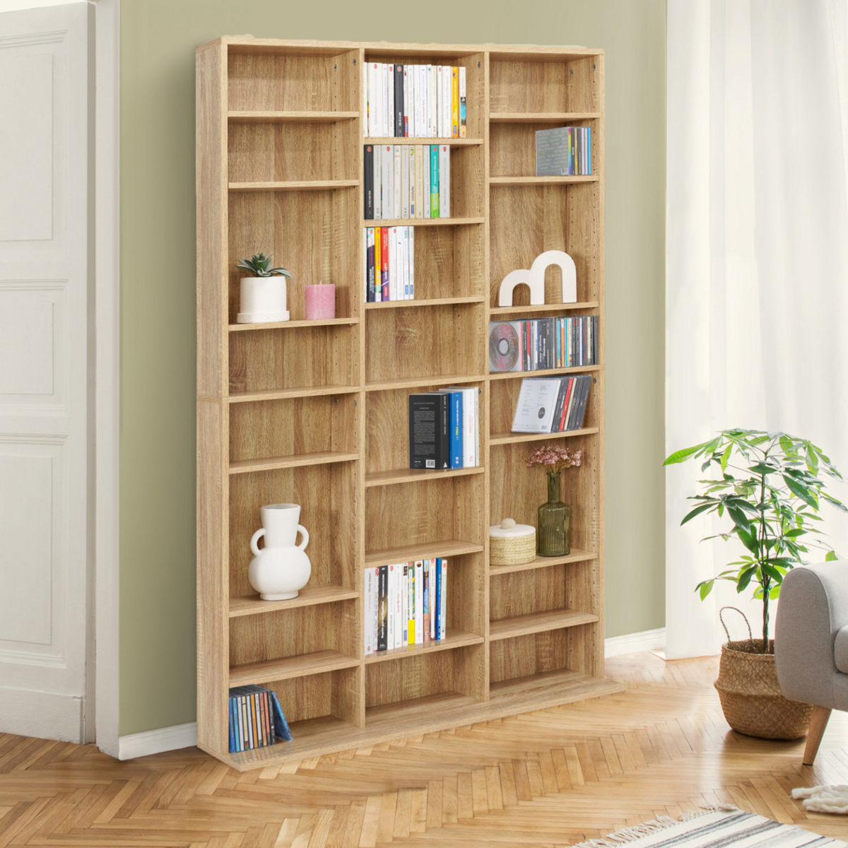 ID MARKET Bibliothèque étagère CD CEYLIA 30 cases avec étagères modulables effet bois