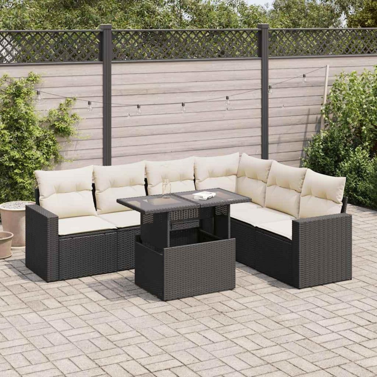 VIDAXL Salon de jardin 7 pcs avec coussins noir resine tressee