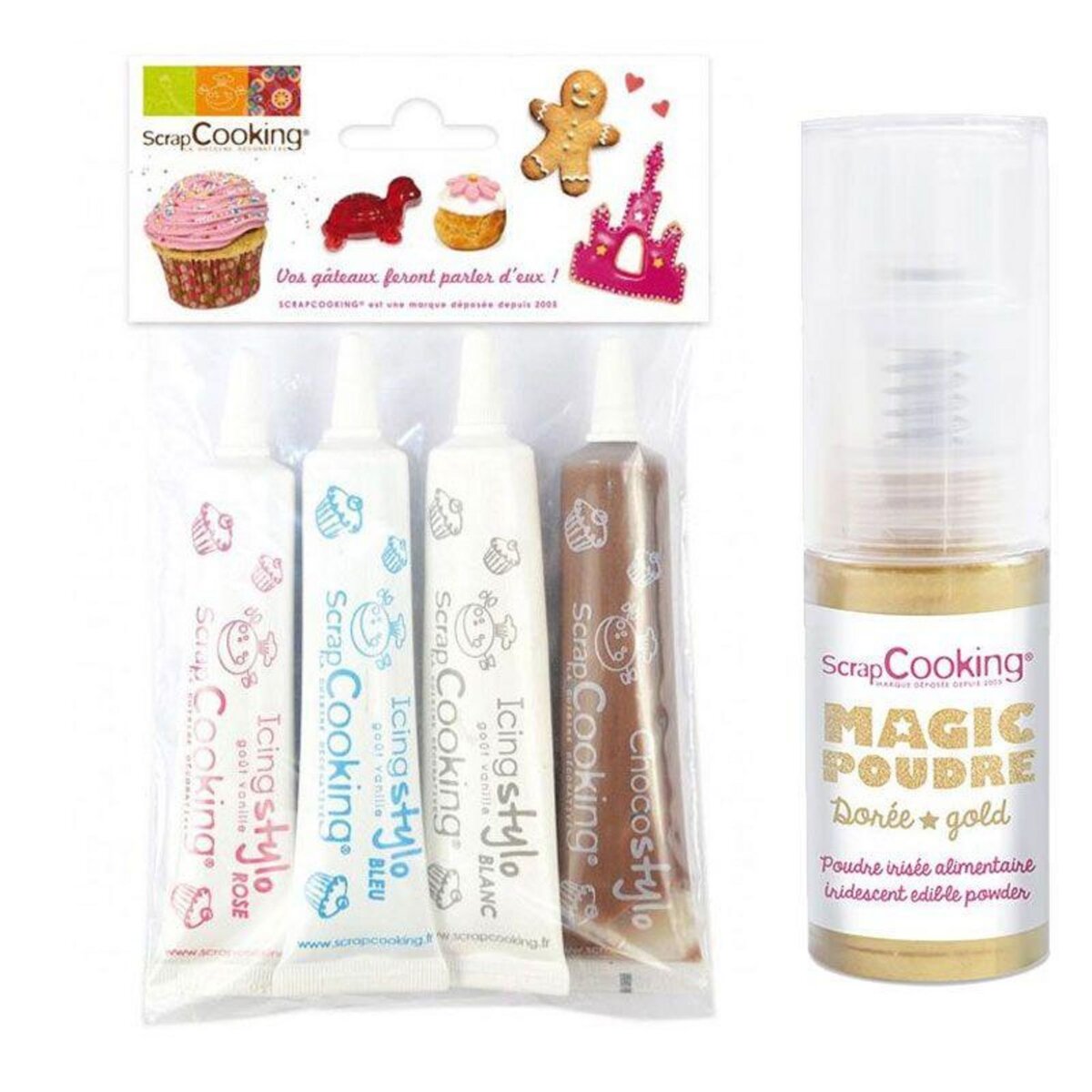 Spray à pâtisserie rose 75 ml + Poudre alimentaire irisée dorée