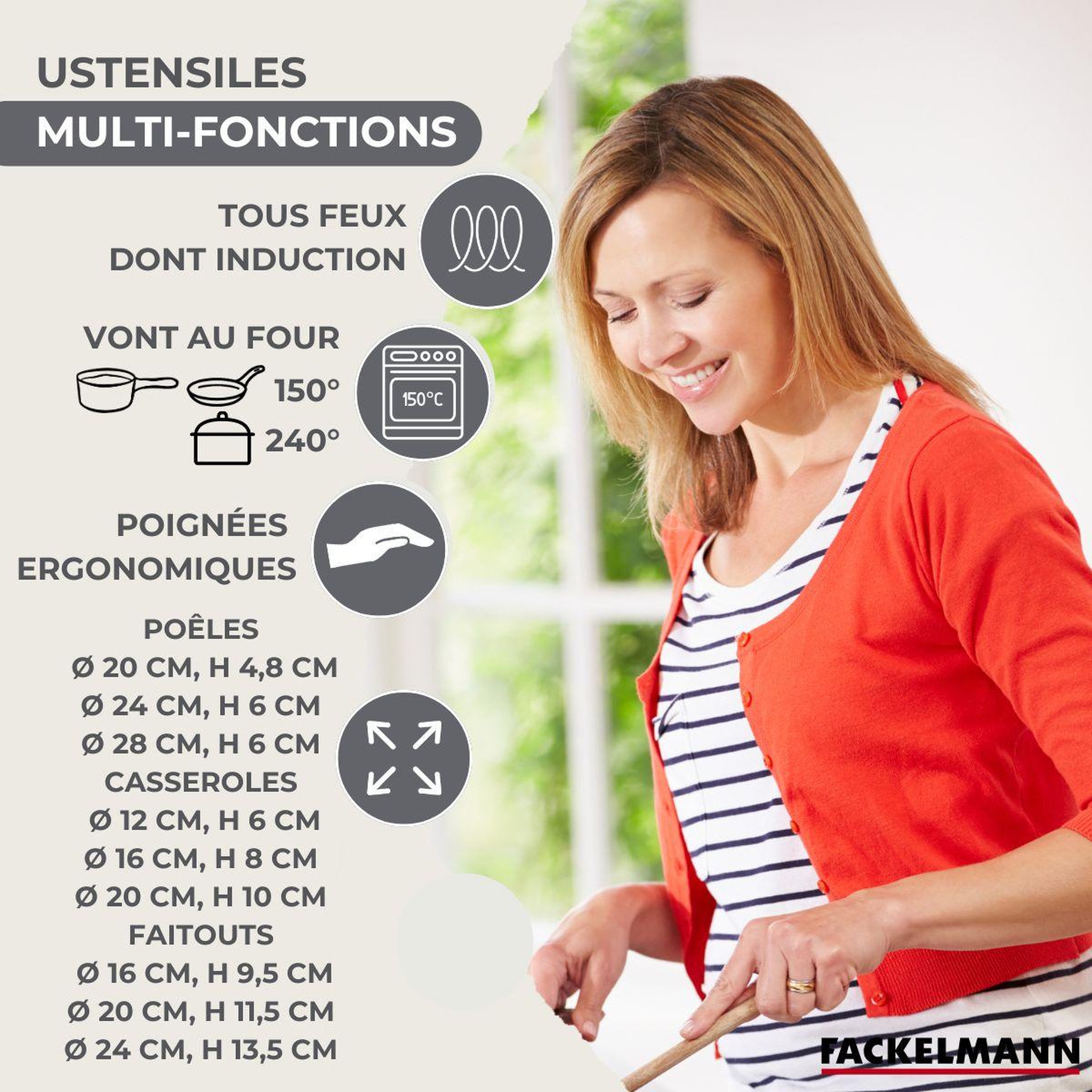 Voir la diapositive 3 : Fackelmann Batterie de cuisine avec 3 faitouts 16/20/24 cm et 3 casseroles 12/16/20 cm et 5 ustensiles de cuisine fackelmann généva brillant vario