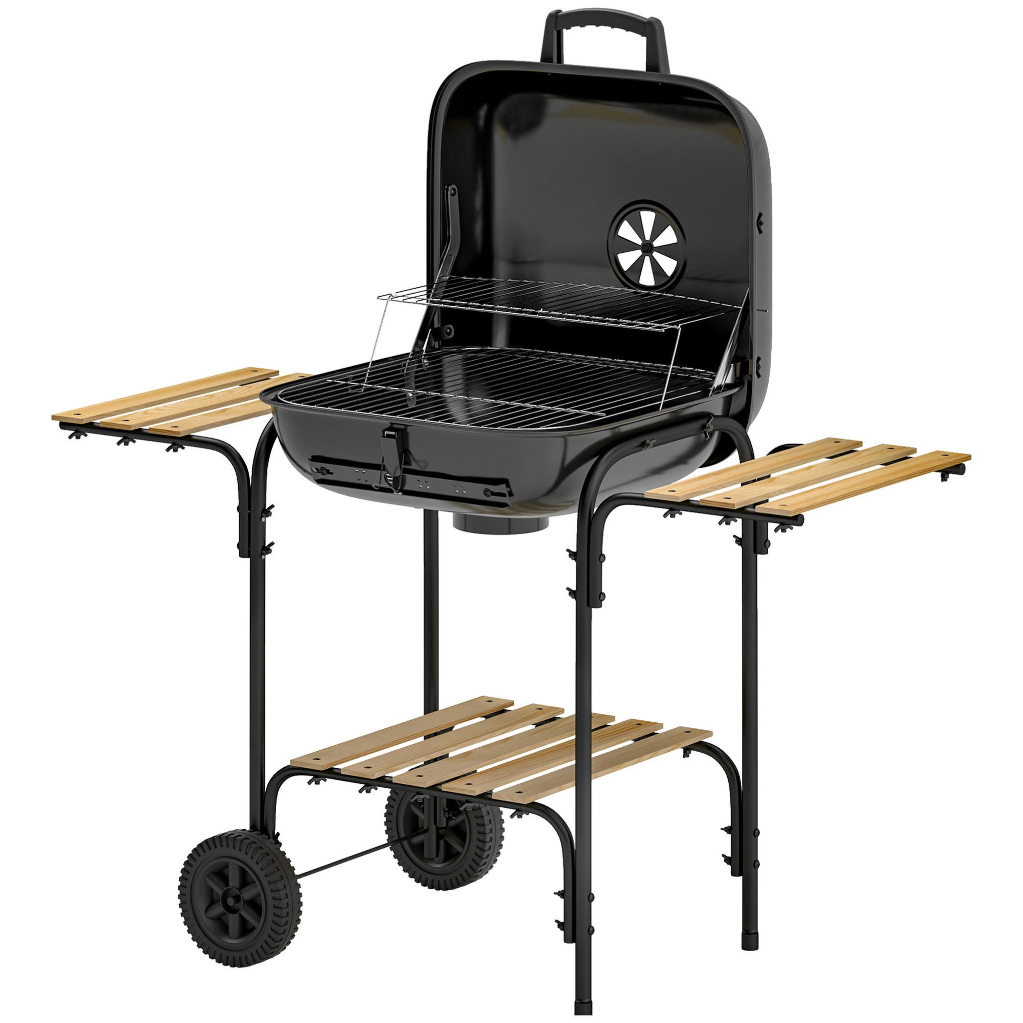 OUTSUNNY Barbecue charbon de bois avec couvercle 2 roues 3 étagères grilles acier chromée