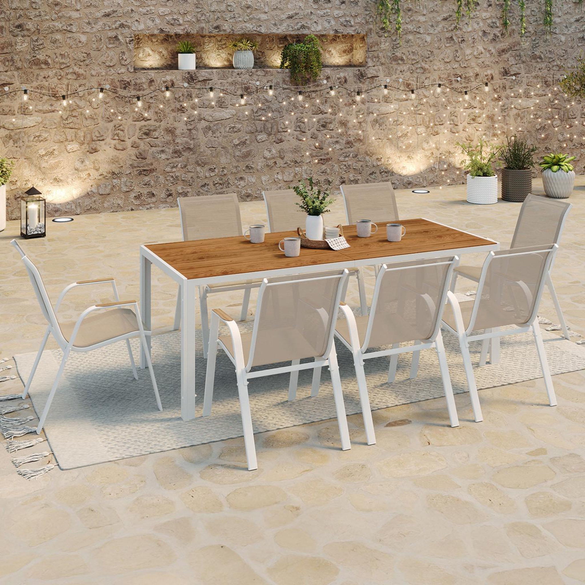 Voir la diapositive 2 : ID MARKET Salon de jardin noumea table 190 cm plateau verre trempé effet bois et 8 chaises empilables blanc et bois