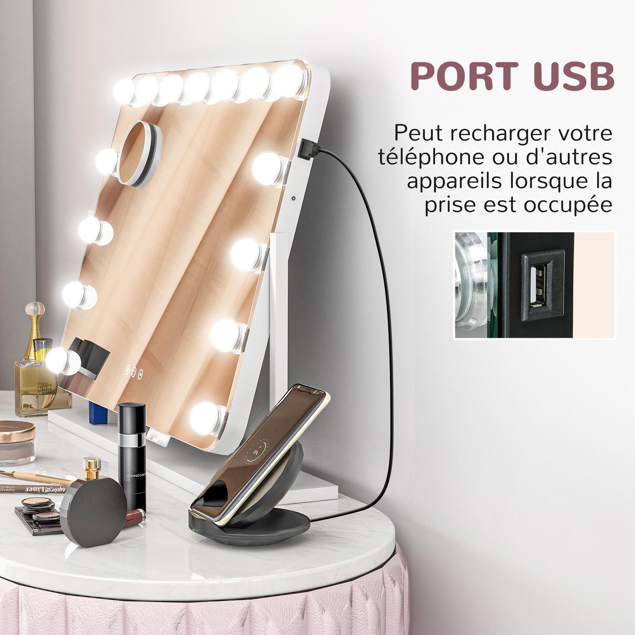 Voir la diapositive 4 : HOMCOM Miroir maquillage hollywood lumineux led intensité réglable grossissant rotatif charge usb support blanc