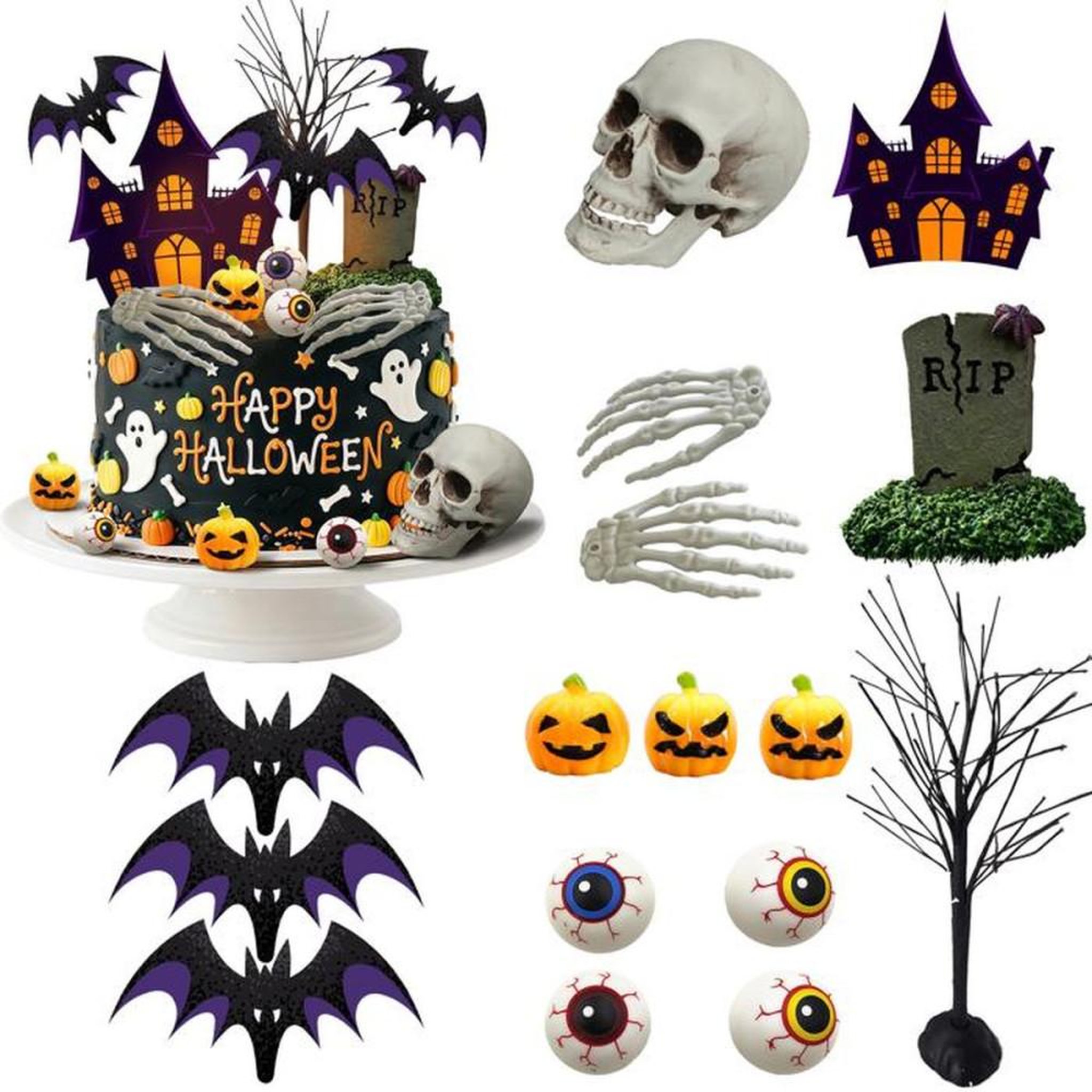 Set de décorations pour gâteau Halloween 17 pièces avec topper Happy Halloween, tombstone RIP, chauves-souris et citrouilles