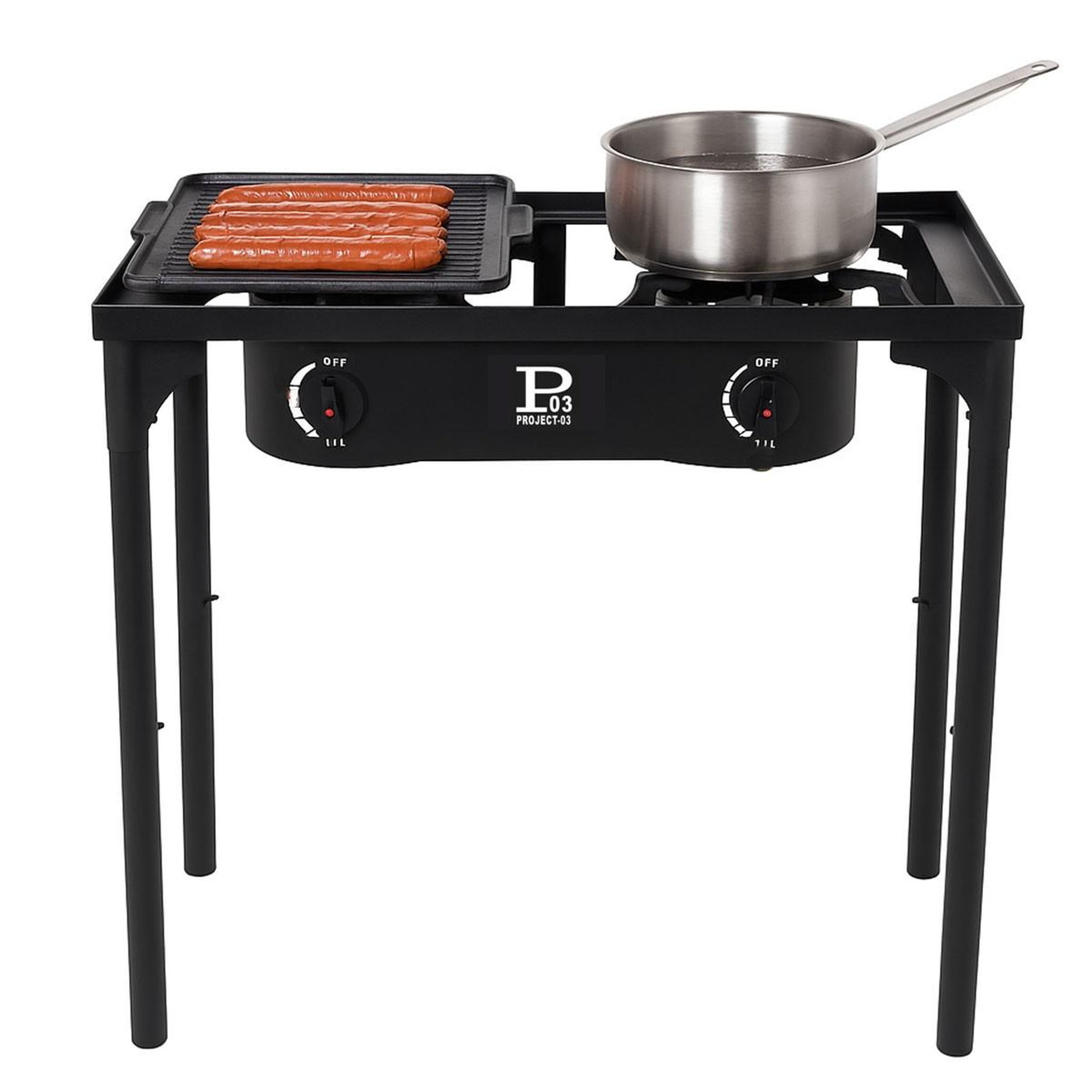 INTEC Barbecue grill et réchaud 2 feux 9kw kit modulable 2en1 - 2 brûleurs - plaque grill , 3 hauteurs modulables piezo intec
