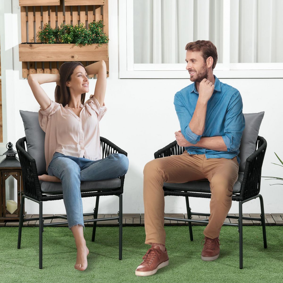 OUTSUNNY Lot de 2 fauteuils de jardin métal corde PE avec coussins