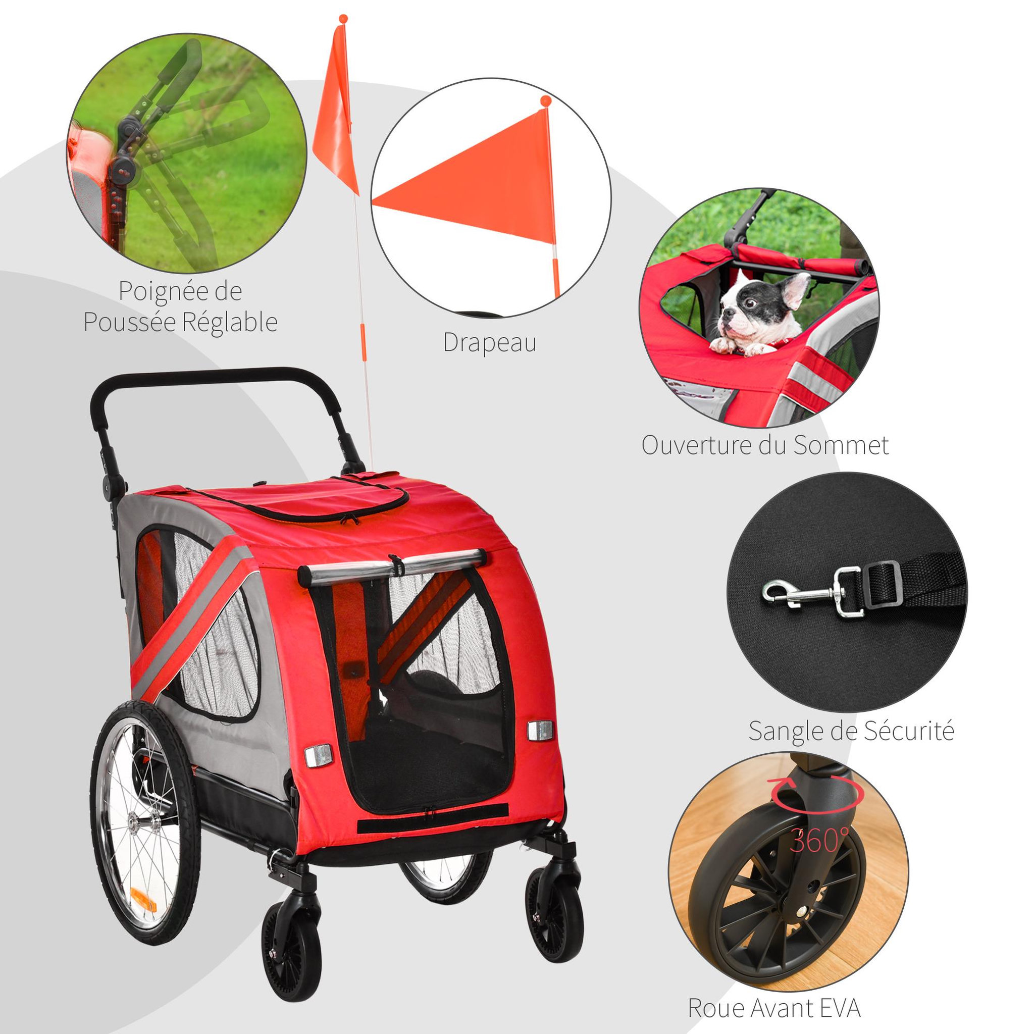 Voir la diapositive 6 : PAWHUT Remorque vélo jogger 2 en 1 pour animaux drapeau roue avant pivotante réflecteurs rouge gris