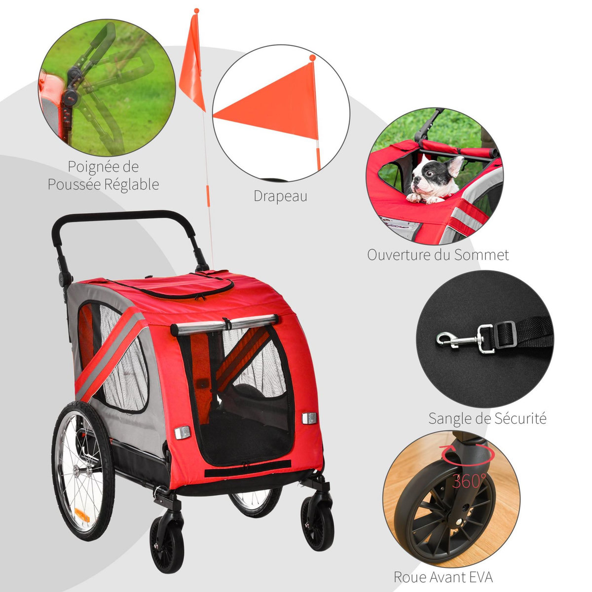 PAWHUT Remorque vélo jogger 2 en 1 pour animaux drapeau roue avant pivotante réflecteurs rouge gris
