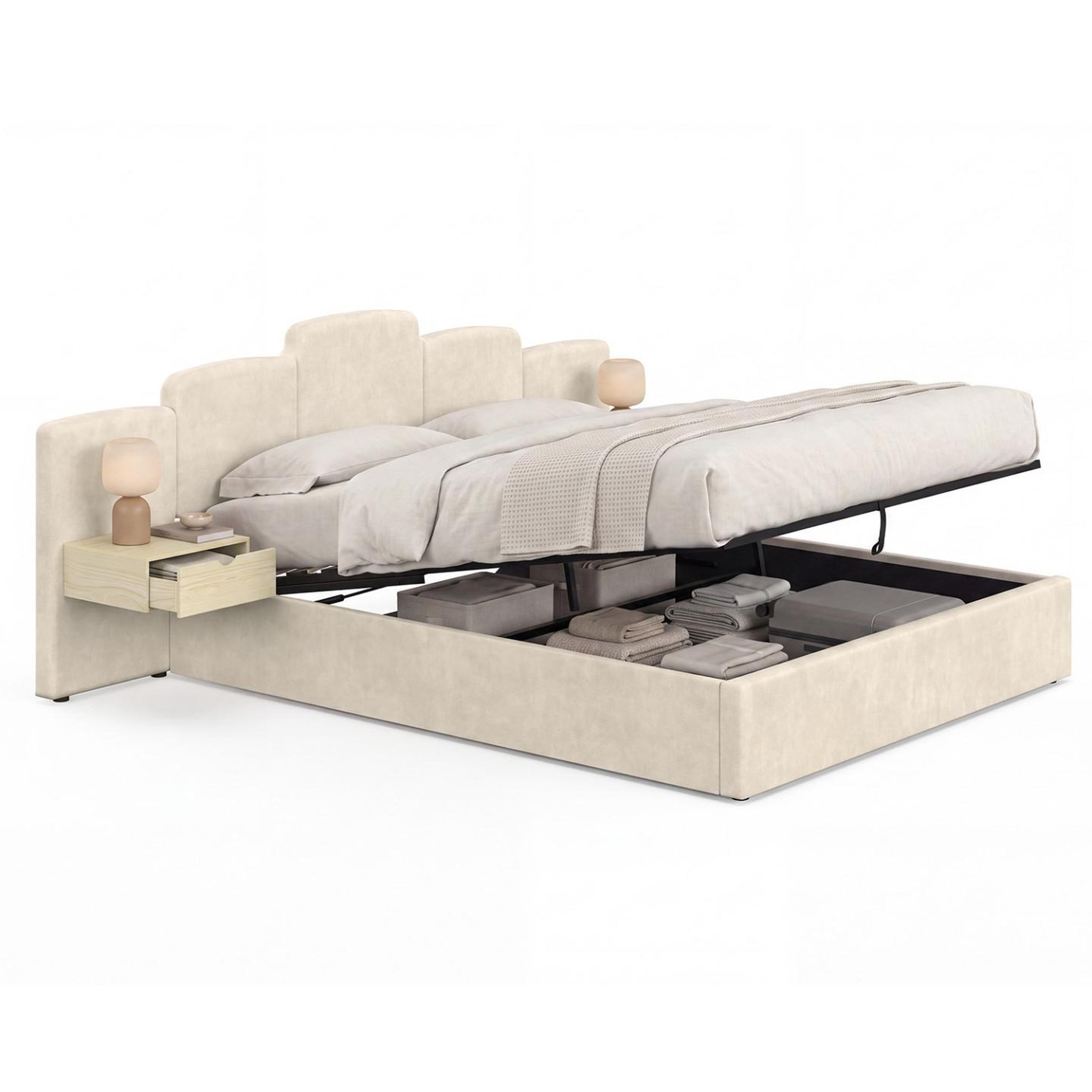 ID MARKET Lit coffre double CLOUD avec tête de lit matelassée + tables de chevet intégrées et sommier 160 x 200 cm velours beige