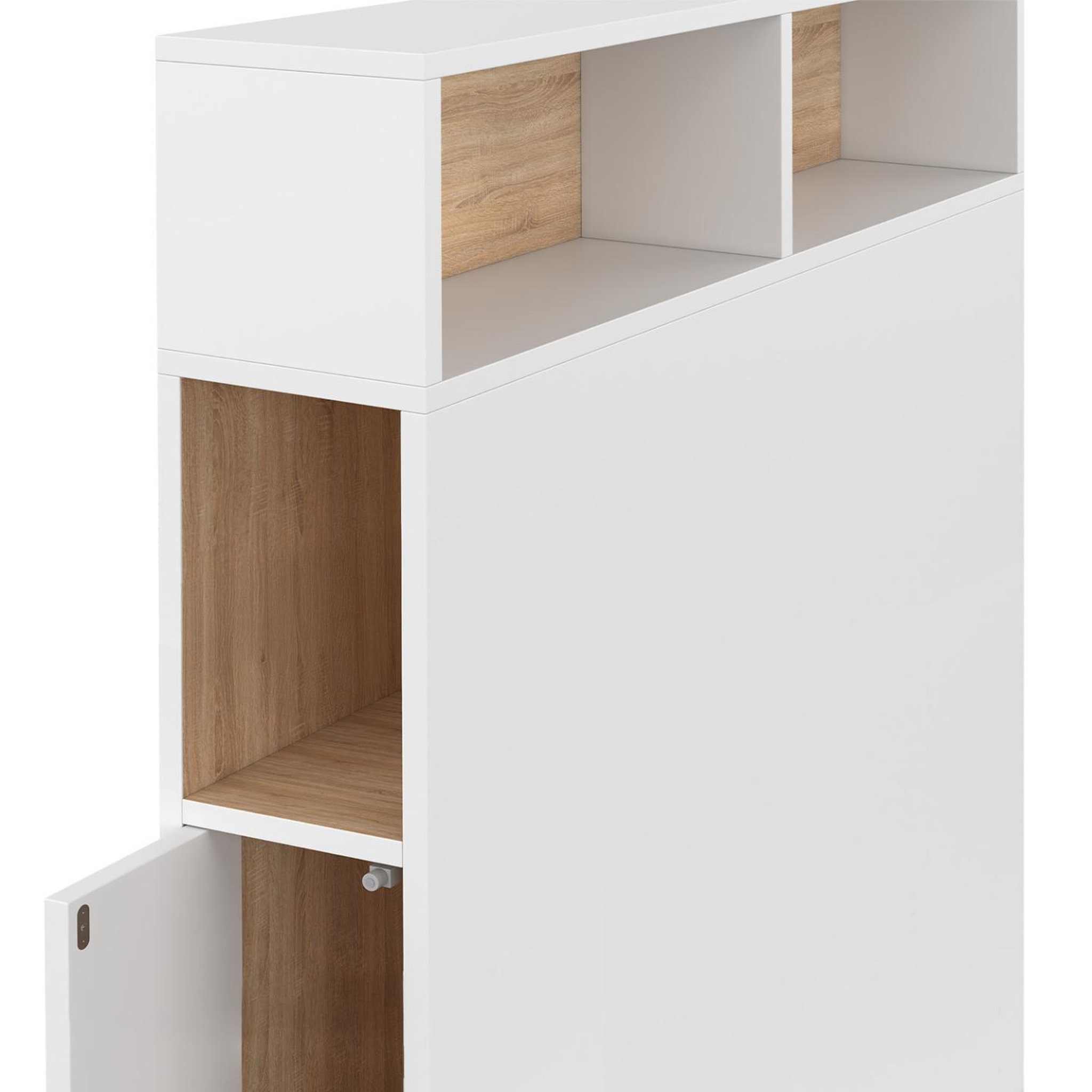 Voir la diapositive 6 : ID MARKET Tête de lit sur pied CLEO 95 cm avec rangements fermés et niches blanc et façon hêtre