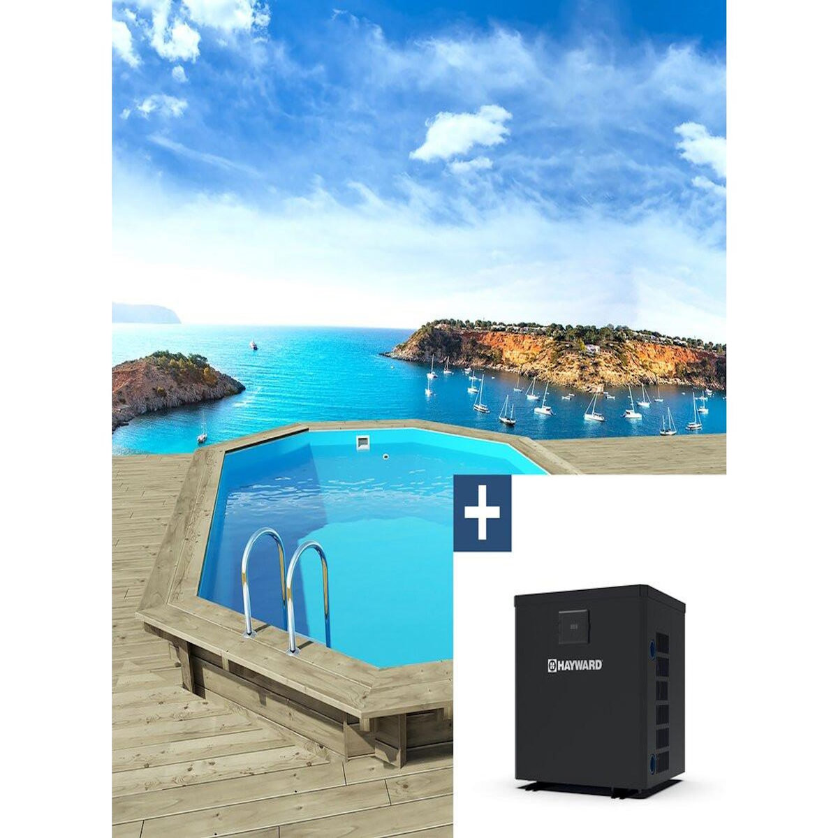 Habitat et Jardin Piscine bois   Miami 130   - 4.86 x 3.36 x 1.30 m + Pompe à chaleur  3.5 kw/h - Hayward -  Micro  - Noir