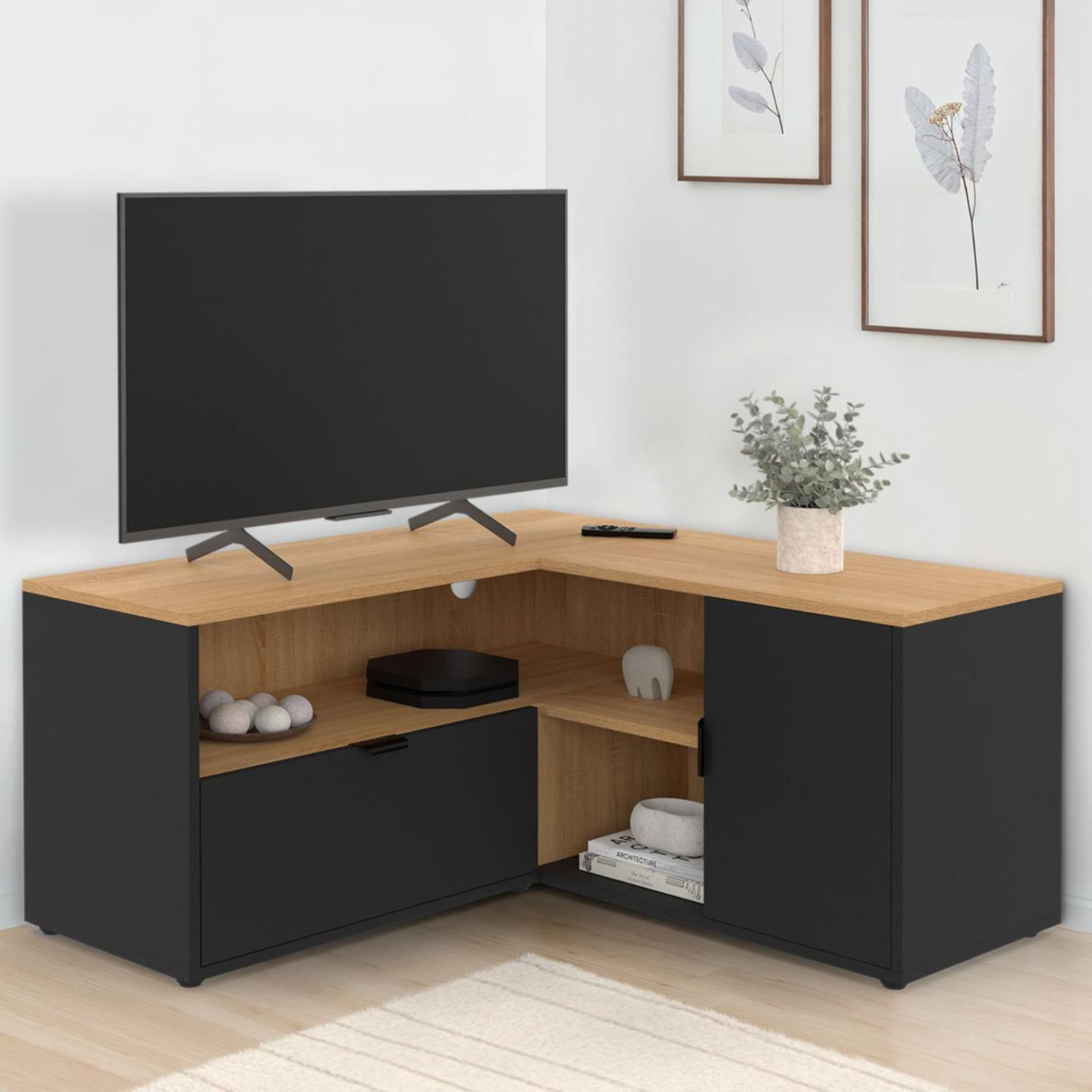 Voir la diapositive 2 : ID MARKET Meuble tv 90 x 90 cm d'angle baltazar façon hêtre et noir