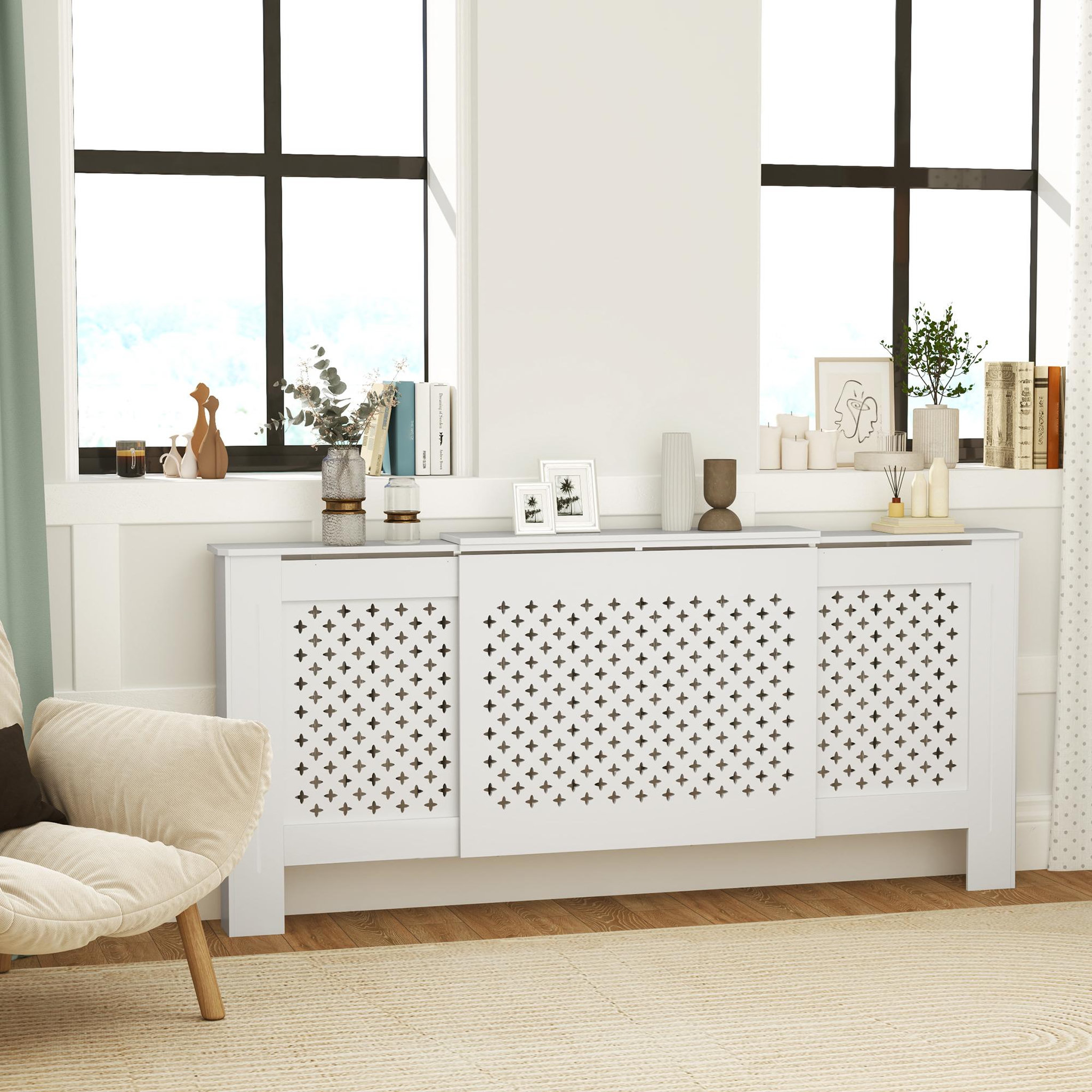 Voir la diapositive 2 : HOMCOM Cache-radiateur réglable motif nid d'abeille dim. 136-200L x 21,5l x 91,7H cm MDF blanc