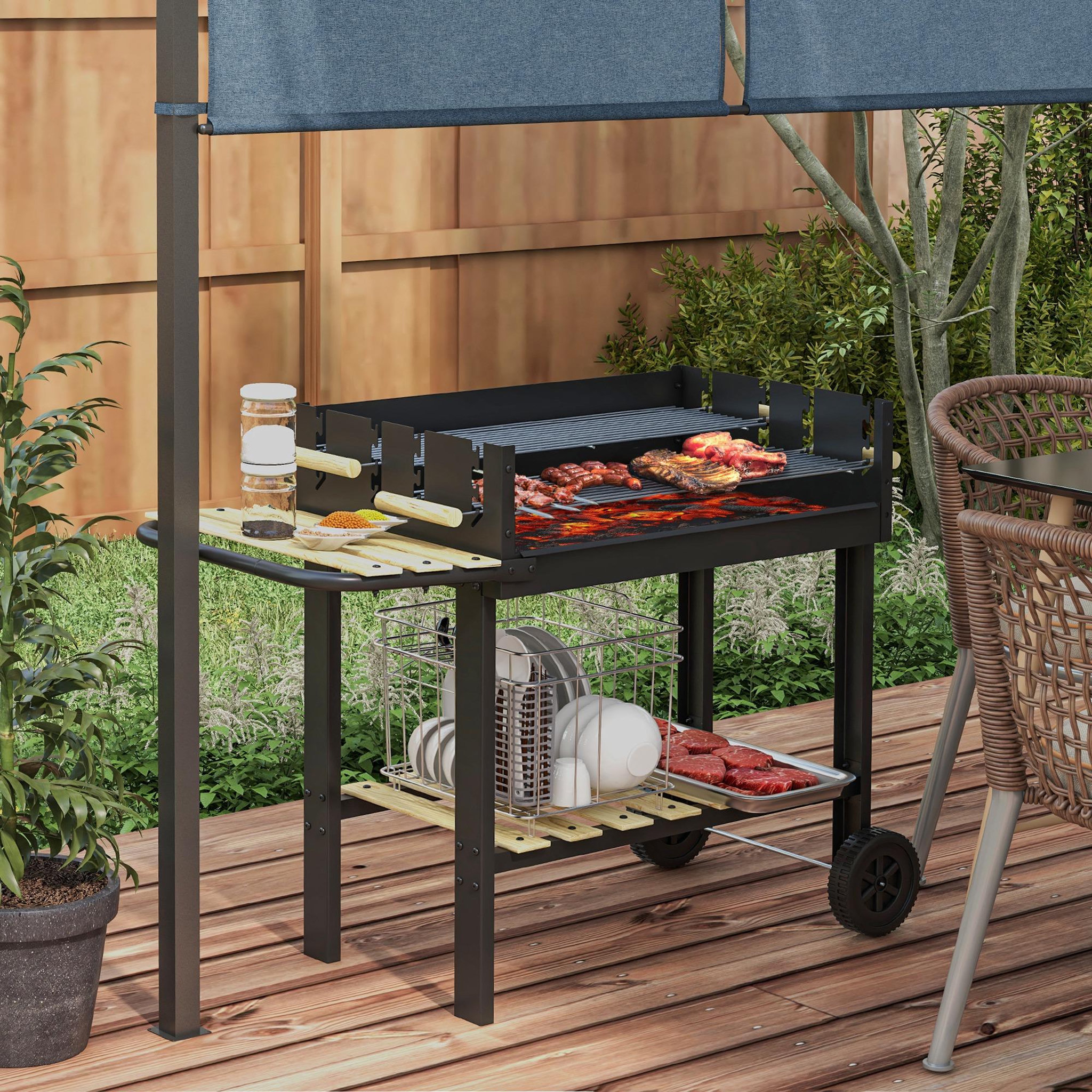 Voir la diapositive 2 : OUTSUNNY Barbecue à charbon sur pied double grille réglable 2 roues 2 étagères noir