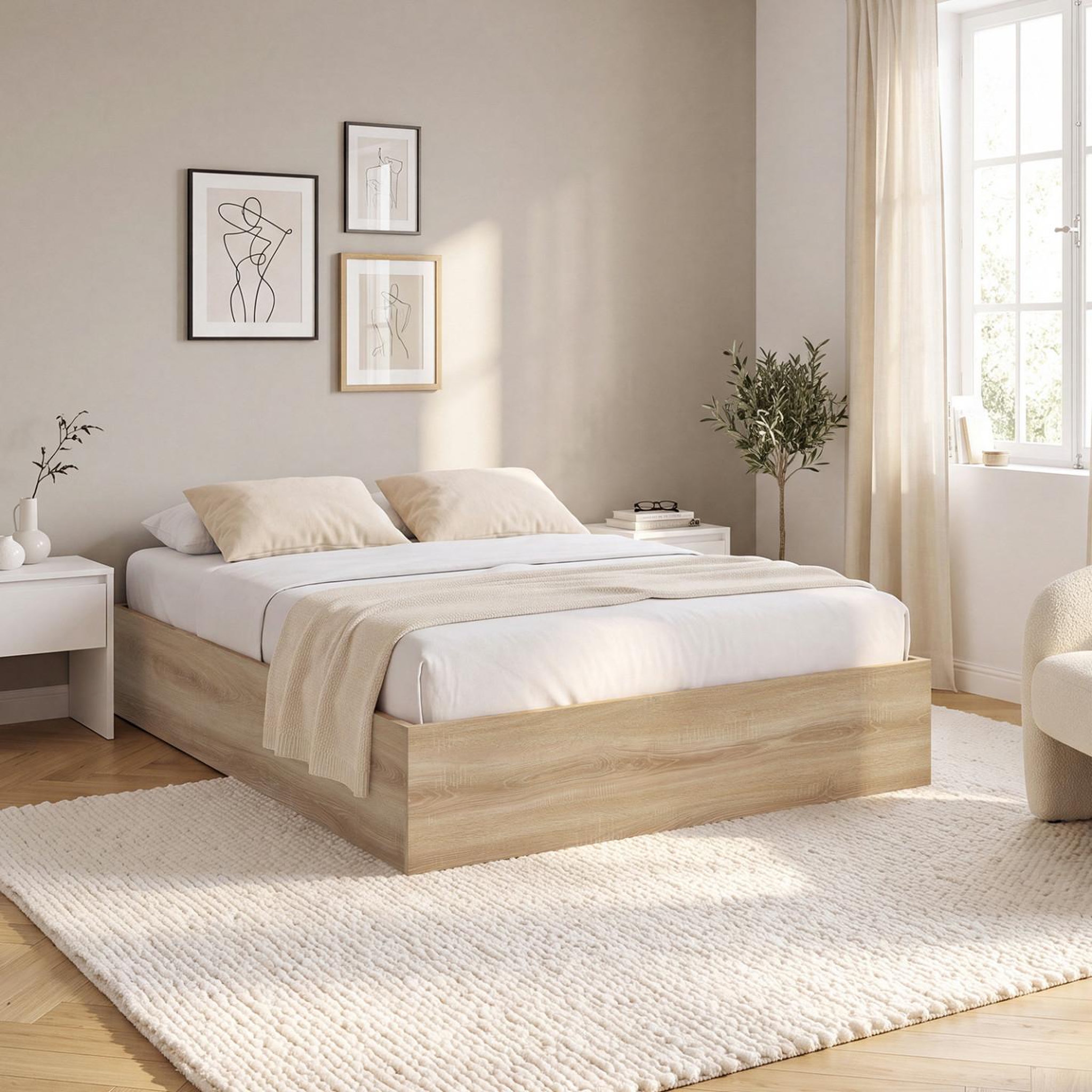 Voir la diapositive 3 : ID MARKET Lit coffre double sandside avec sommier 160 x 200 cm hêtre