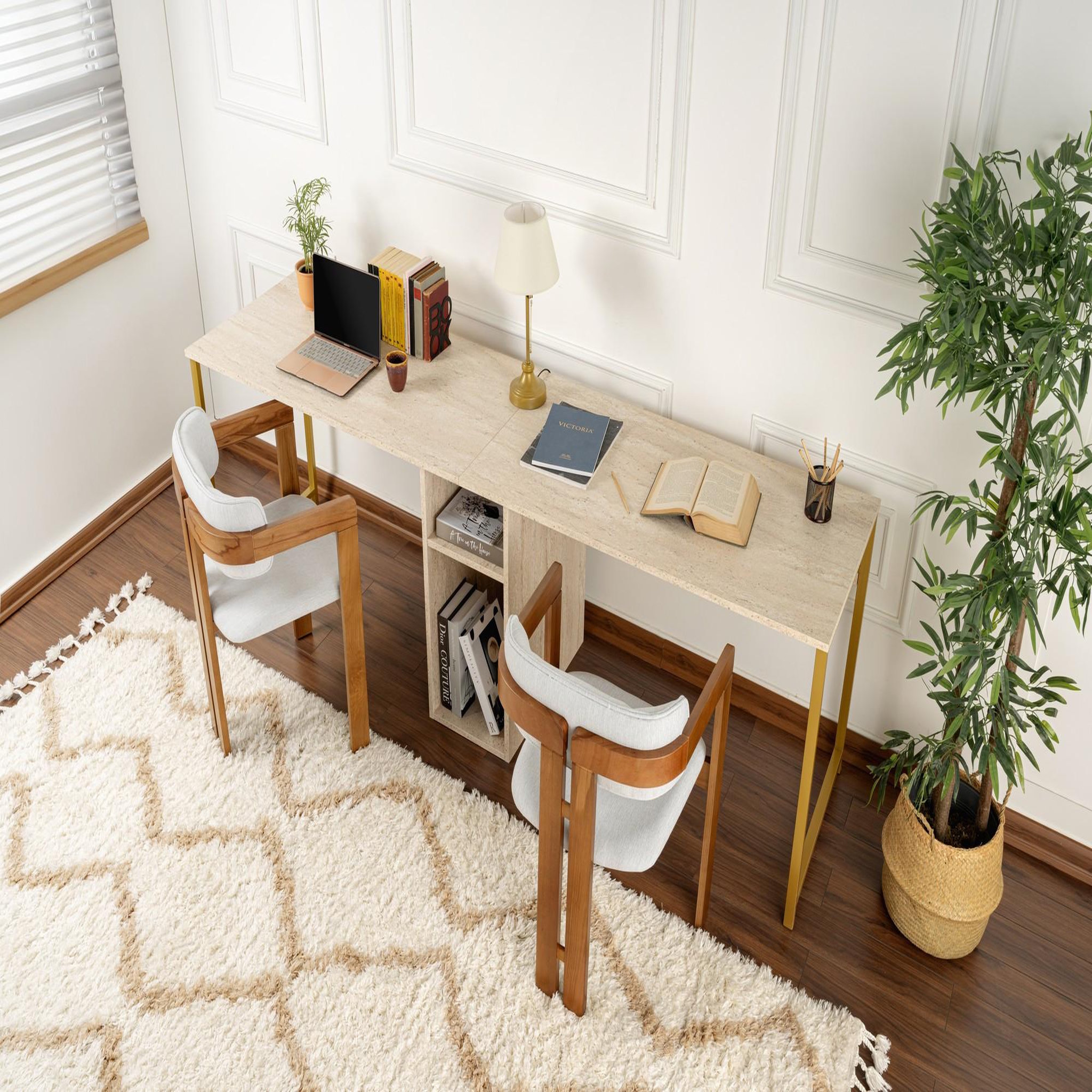 Voir la diapositive 2 : Habitat et Jardin Bureau en bois  twin study desk  - 240 x 60 x 74 cm - travertinor