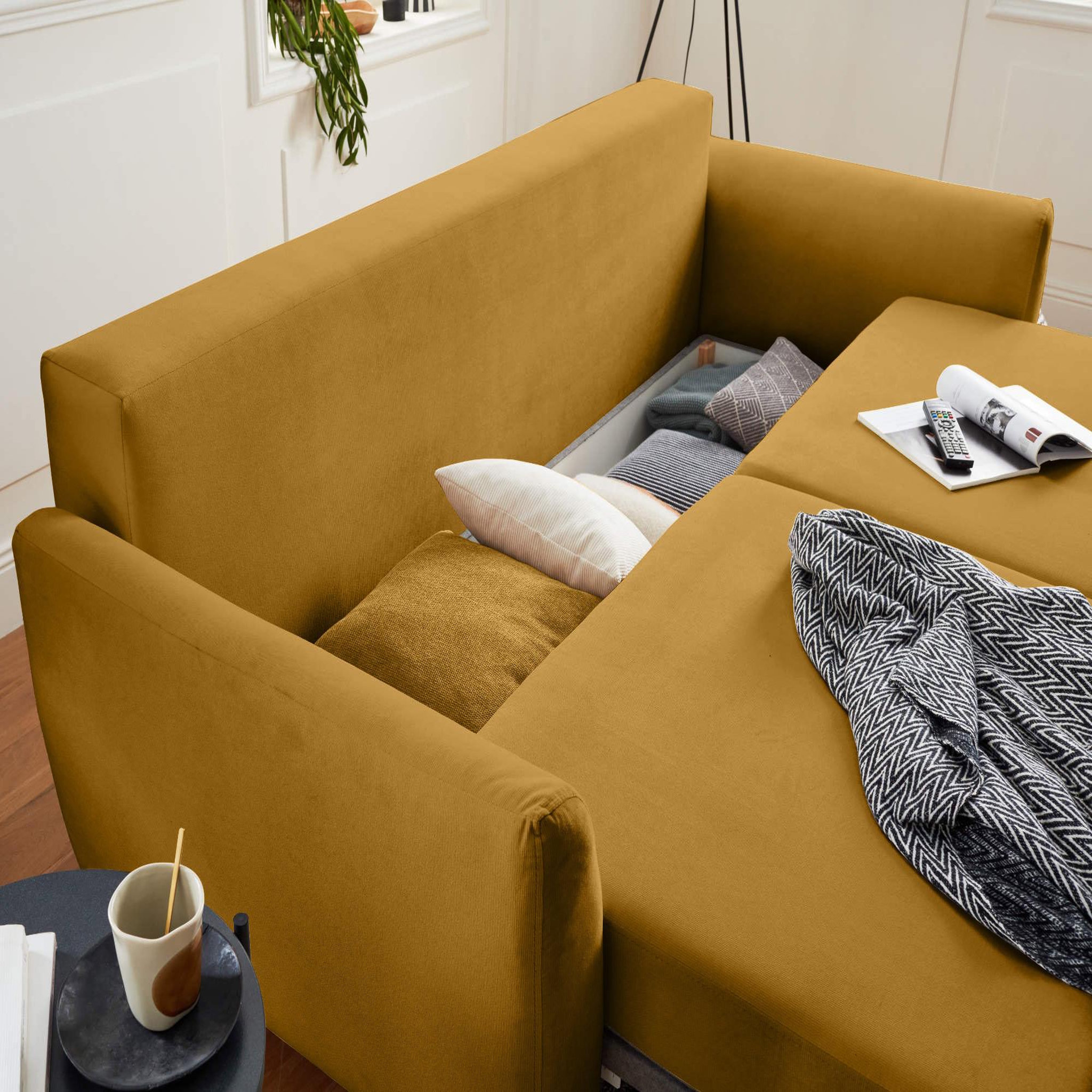 Voir la diapositive 4 : BEST MOBILIER Nils - canapé droit 3 places convertible - avec coffre de rangement - velours