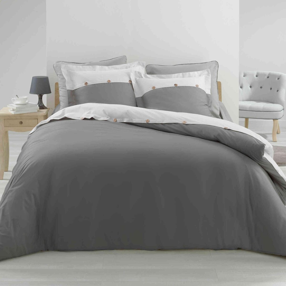 Ensemble En Percale 78 Fils Parure 260x240 Cm Louméa Kaki + Drap