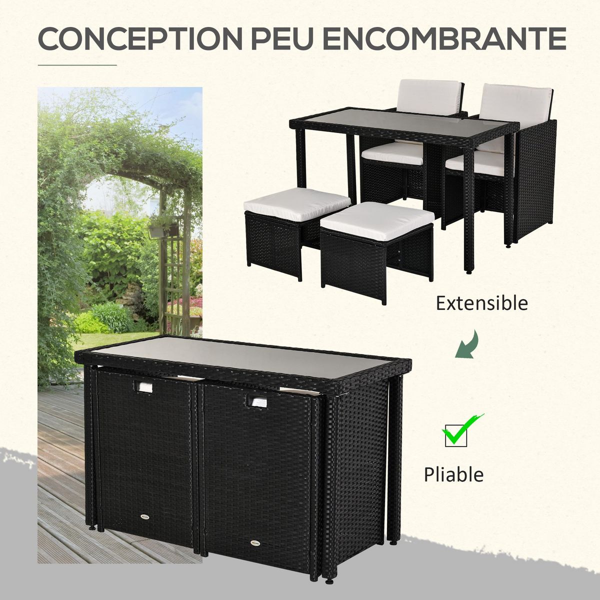 OUTSUNNY Outsunny Ensemble salon de jardin encastrable 2 fauteuils monoblocs + 2 tabourets + table basse résine tressée 4 fils coussins déhoussables crème noir