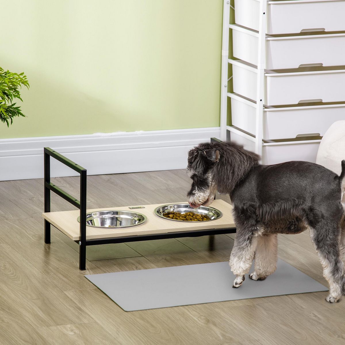 PAWHUT Gamelle double chien porte-gamelles surélevé réglable 2 gamelles acier inox et tapis inclus acier noir aspect bois clair