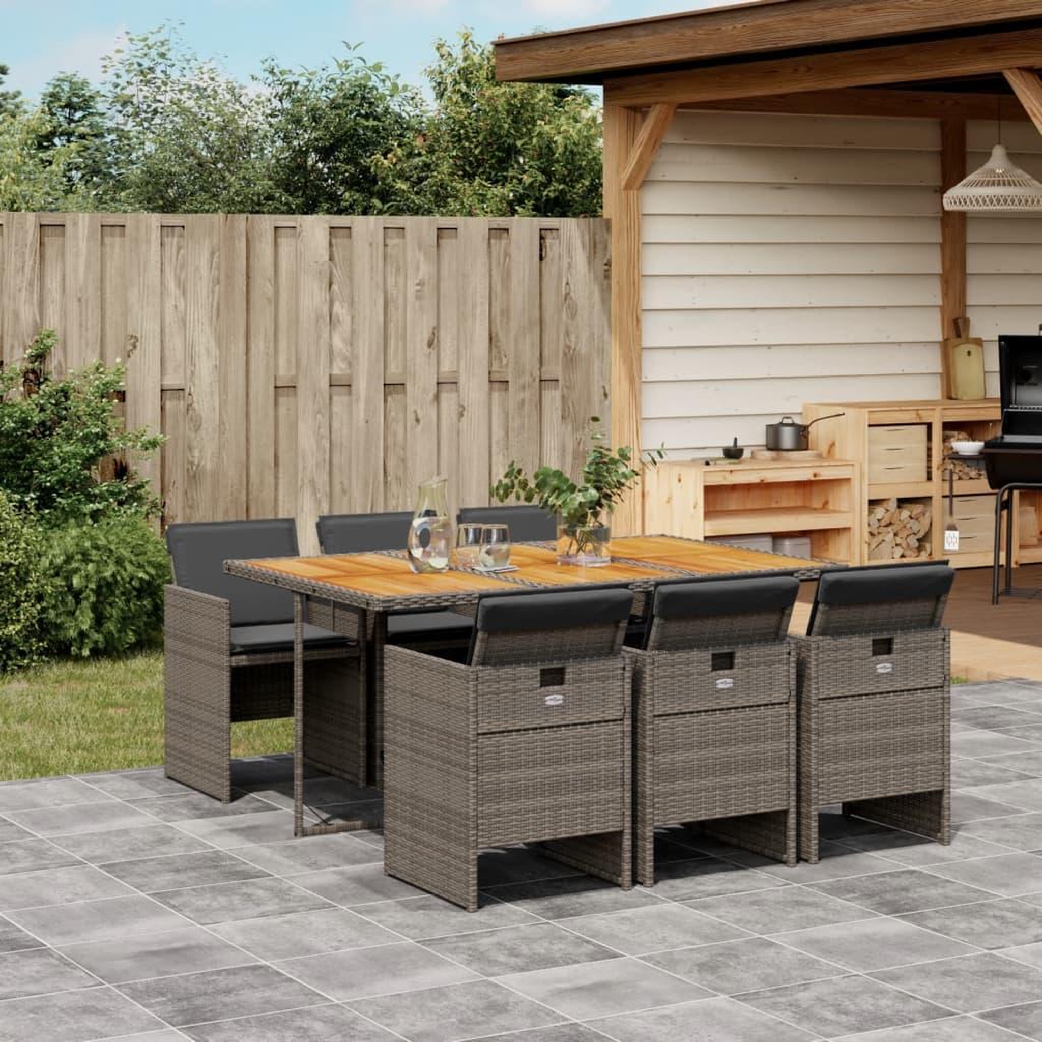 VIDAXL Ensemble a manger de jardin et coussins 7 pcs gris rotin