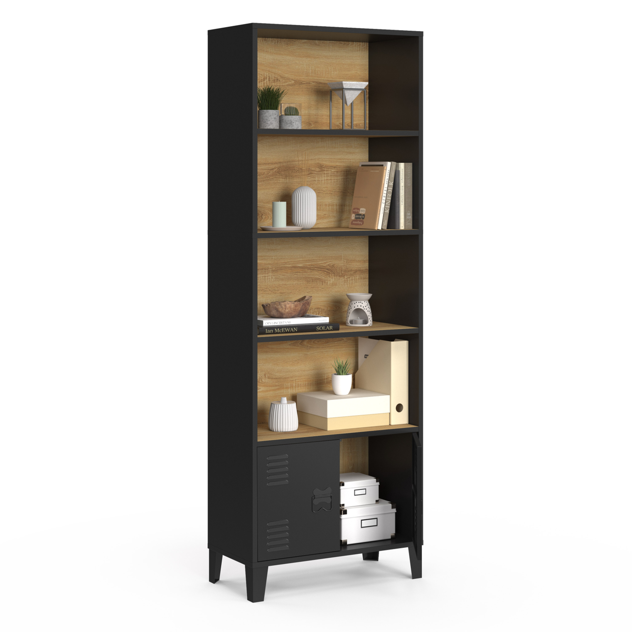 Voir la diapositive 4 : ID MARKET Etagère bibliothèque 5 niveaux avec placard ester portes métal noir et plateau bois design industriel