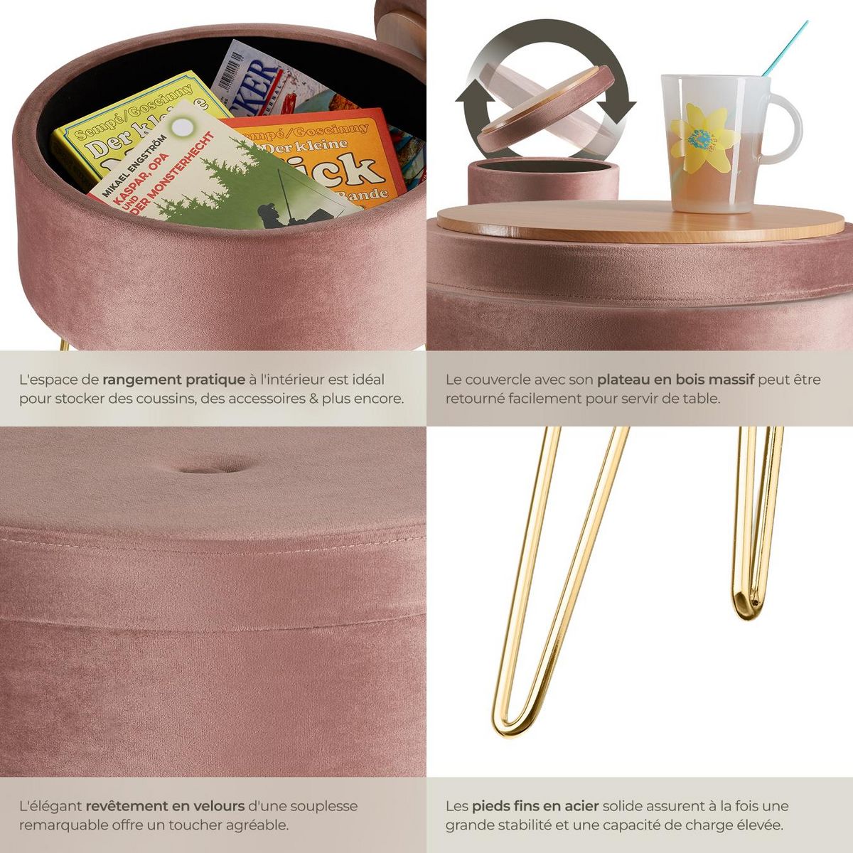 tectake Tabouret avec espace de rangement rond rose