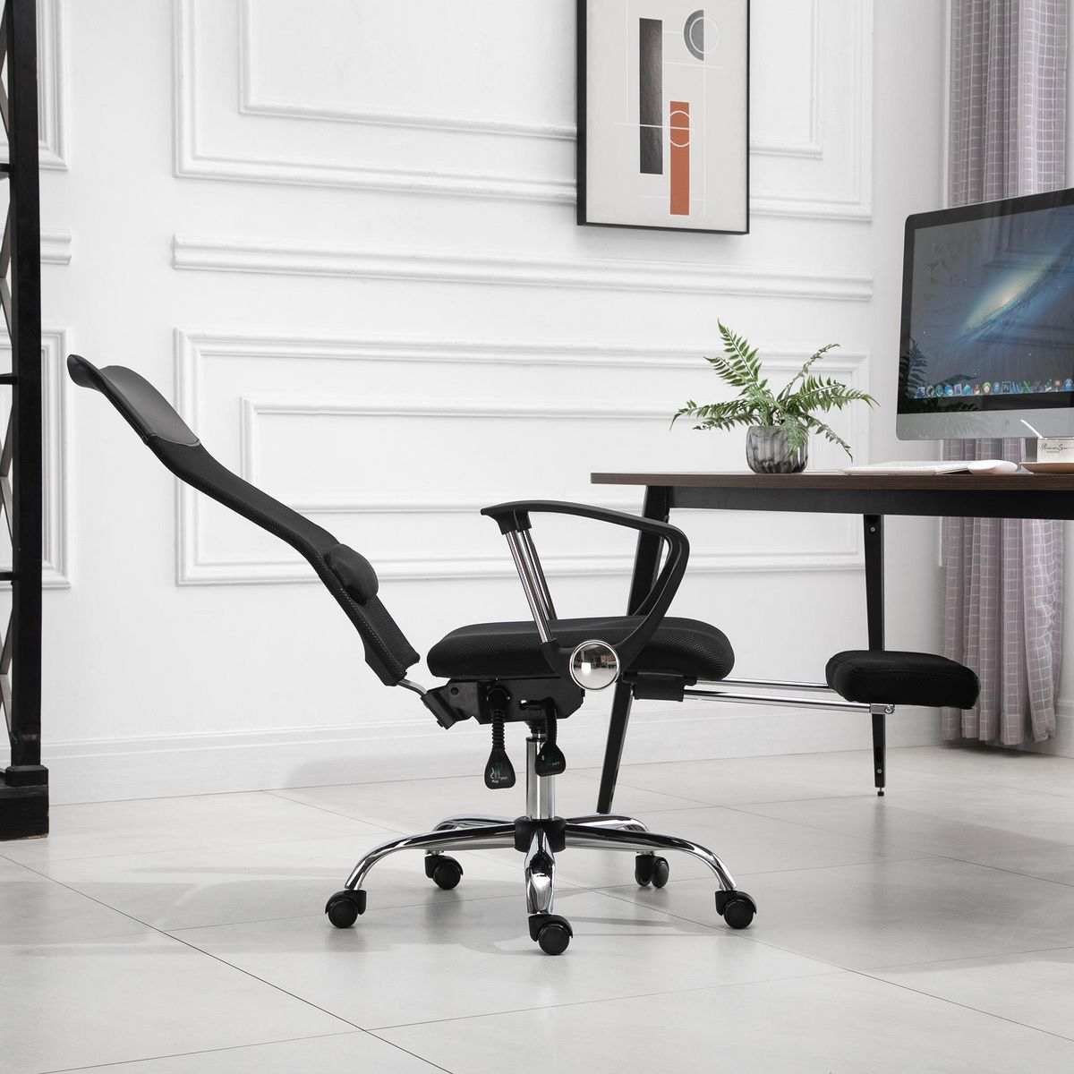 VINSETTO Fauteuil de bureau ergonomique avec coussin lombaire - repose-pieds rétractable - 65 x 60 x 119-127 cm - noir