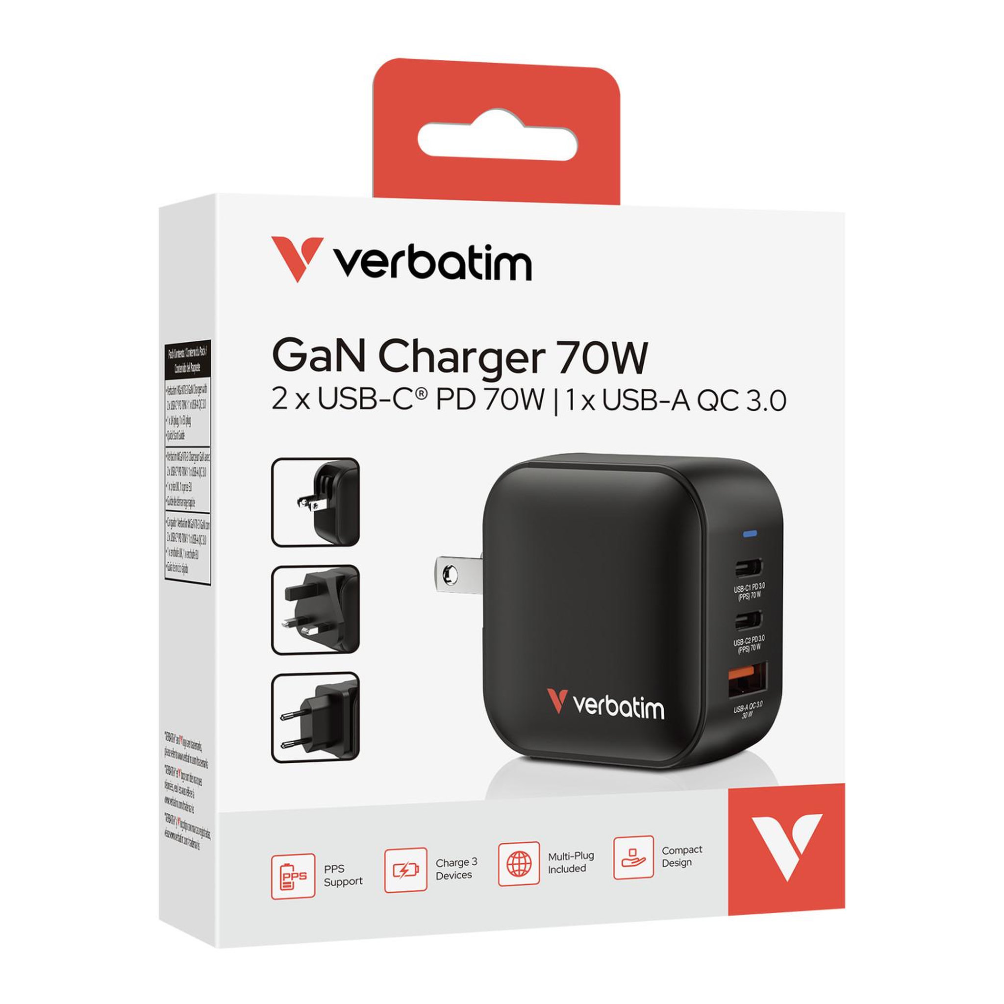 Verbatim Verbatim GaN Charger 70W Universel Noir Secteur Charge rapide Intérieure