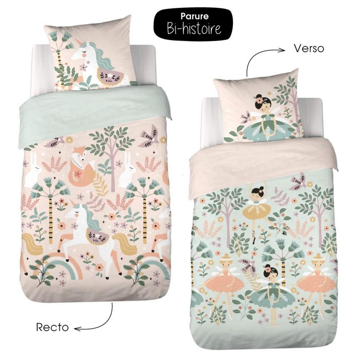 COTE DECO Housse de couette 140x200 + 1 taie LICORNE coton 57fils