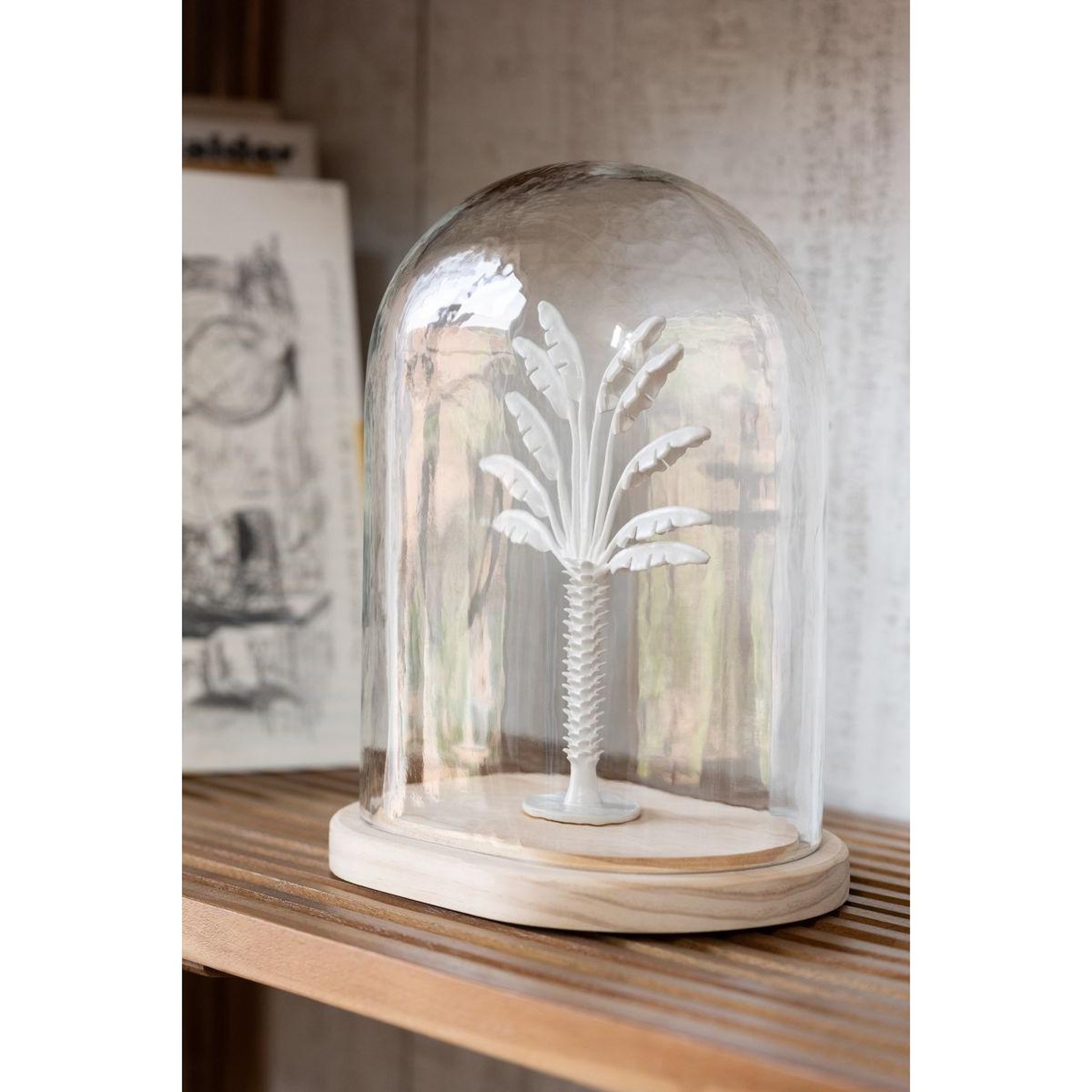 Voir la diapositive 3 : J-LINE Cloche déco en verre  palmier  28cm blanc