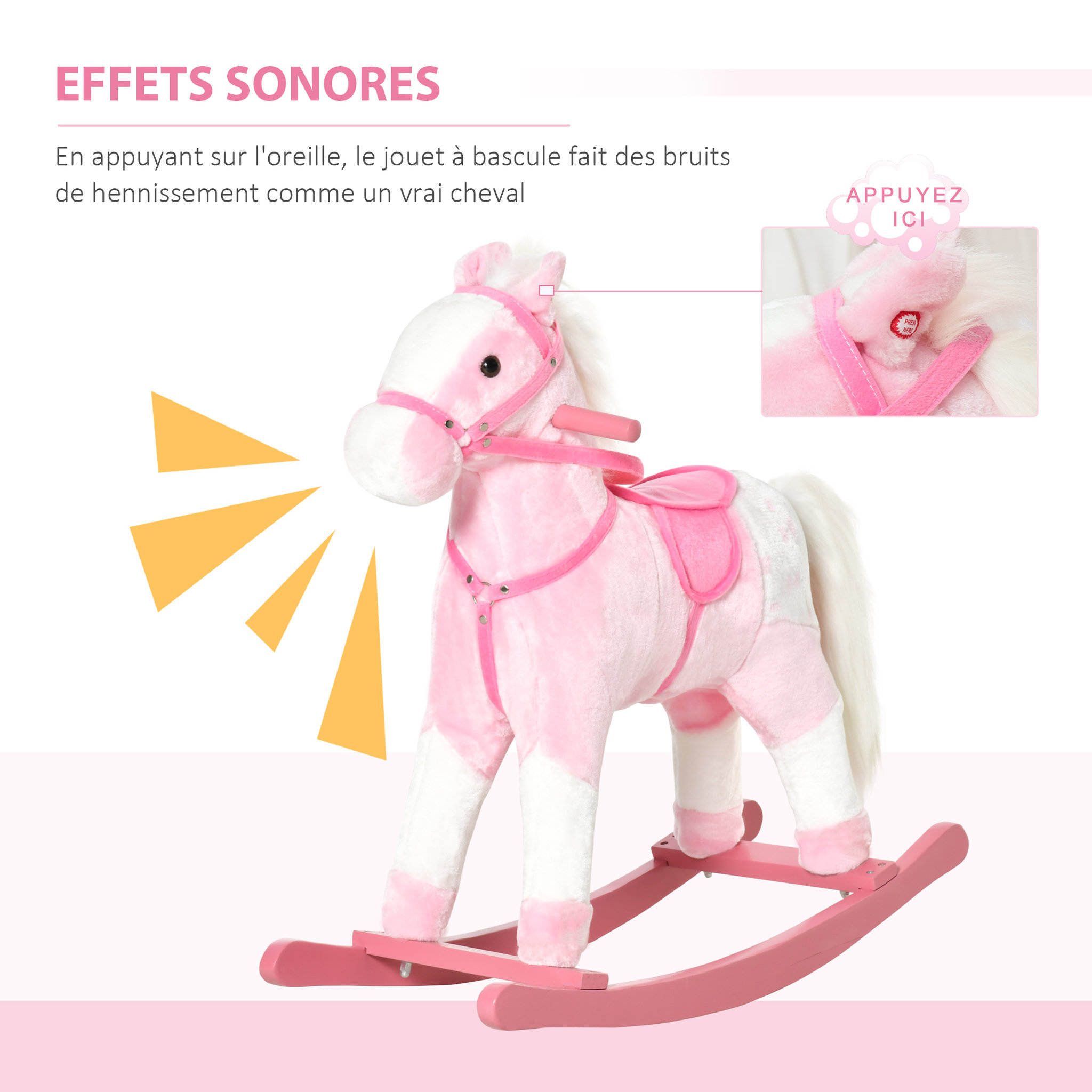 Voir la diapositive 4 : HOMCOM Cheval à bascule cheval de cowboy effet sonore selle rênes rose blanc