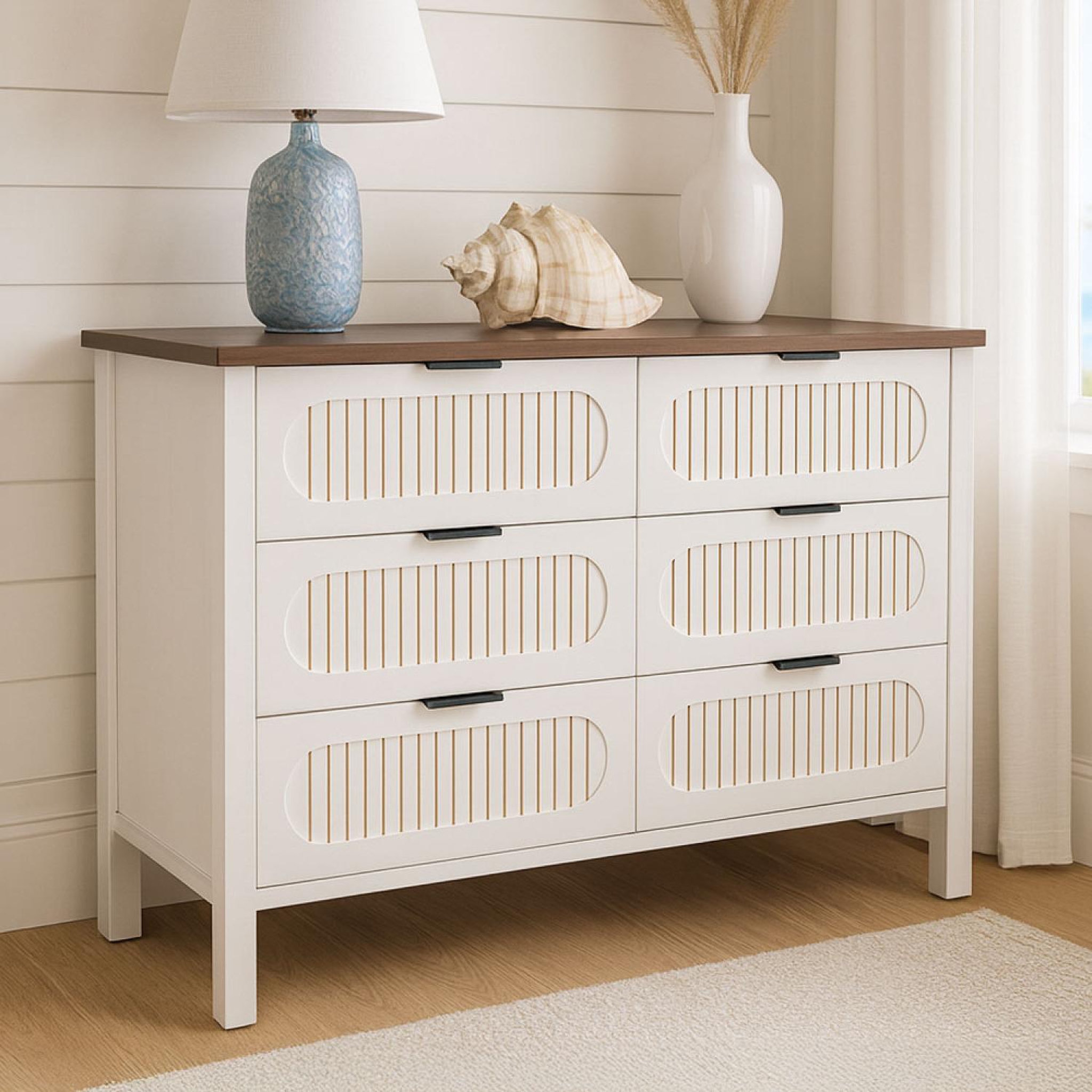 Voir la diapositive 3 : CONCEPT USINE Commode 6 tiroirs blanc rainuré et bois 120cm brix
