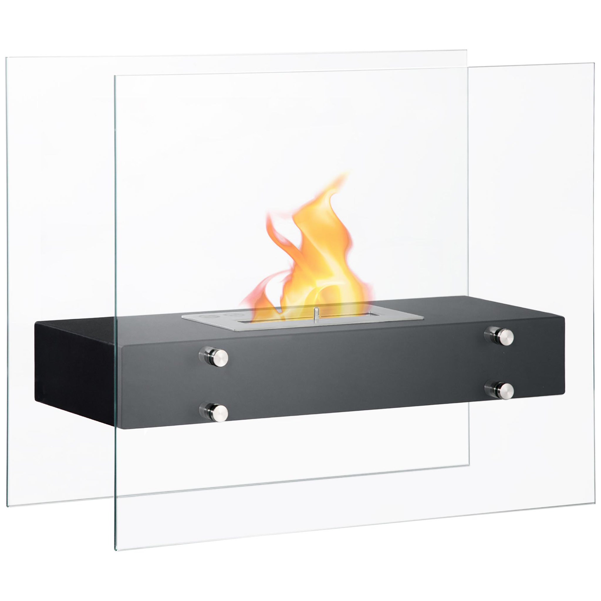 Voir la diapositive 1 : HOMCOM Cheminée à poser bioéthanol en métal et verre trempé avec réservoir 1,5 l couverture 25 m²  - dim. 60l x 26l x 50h cm