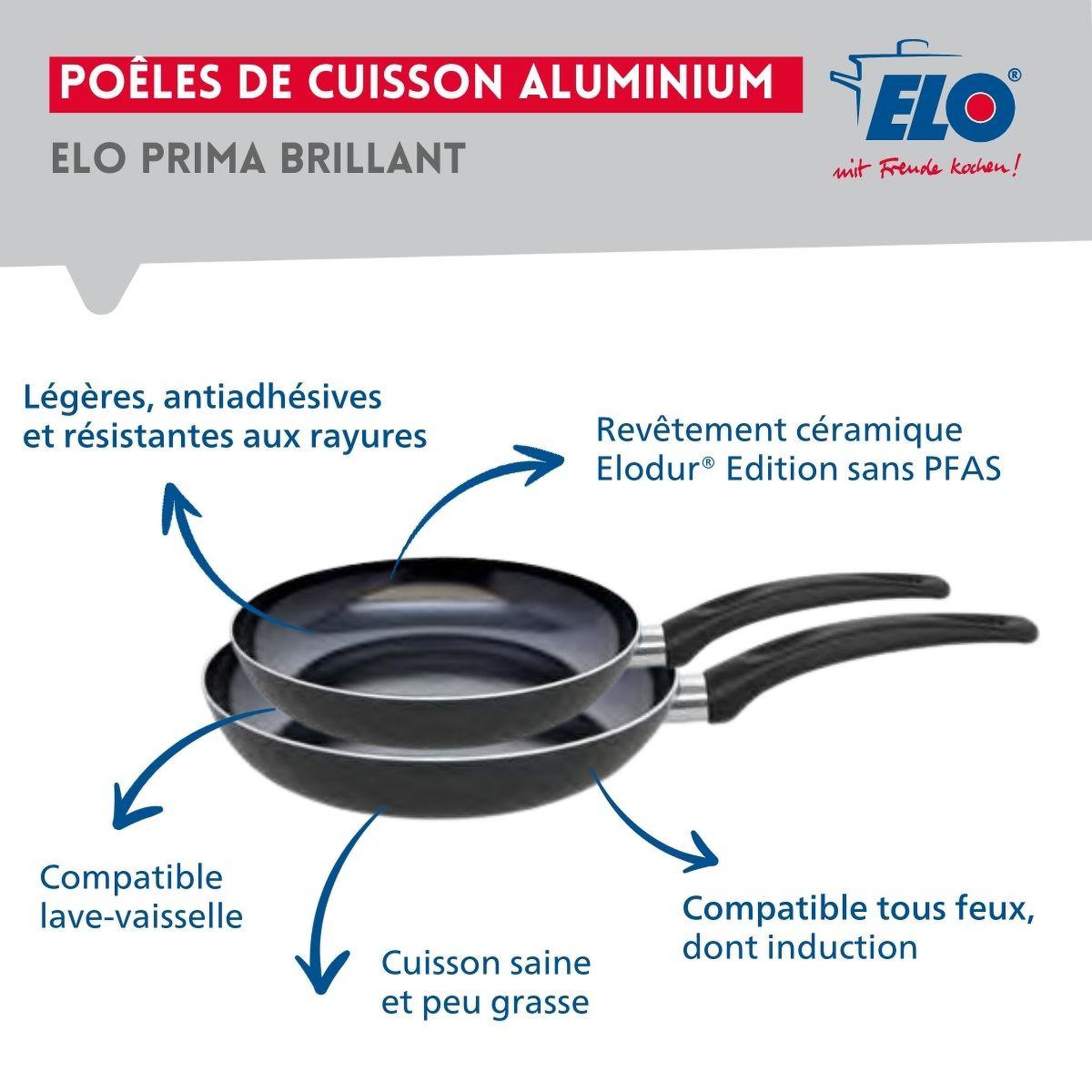 Voir la diapositive 4 : ELO Ensemble de 2 poêles de cuisson 28 et 32 cm et 3 faitouts 12, 20 et 24 cm elo prima brillant