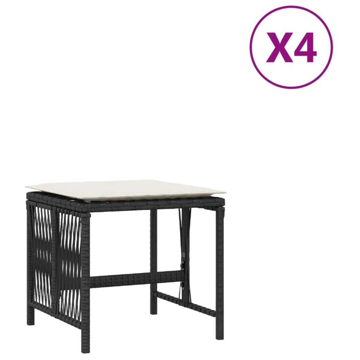 VIDAXL Tabourets de jardin et coussins lot de 4 noir 41x41x36 cm rotin