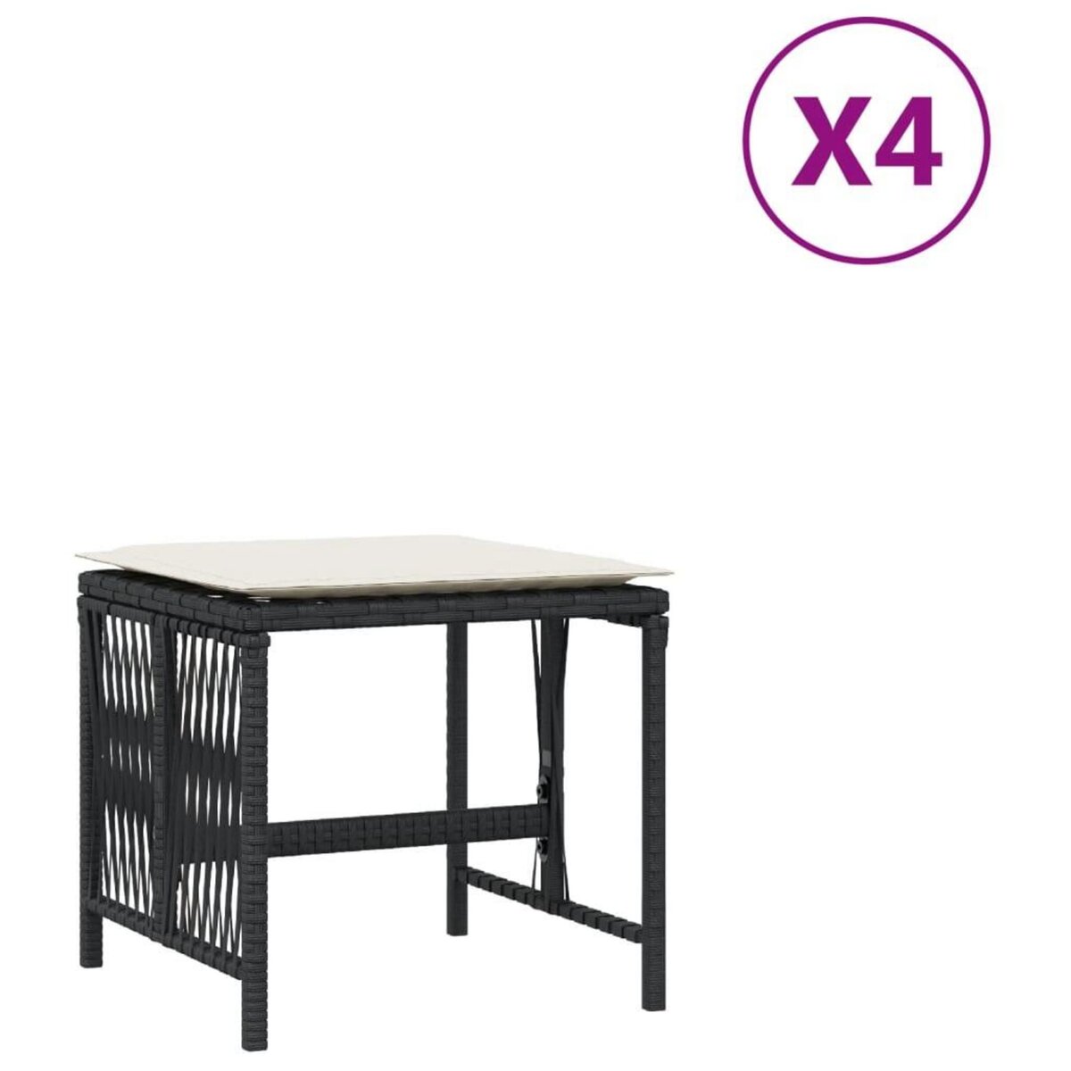 VIDAXL Tabourets de jardin et coussins lot de 4 noir 41x41x36 cm rotin