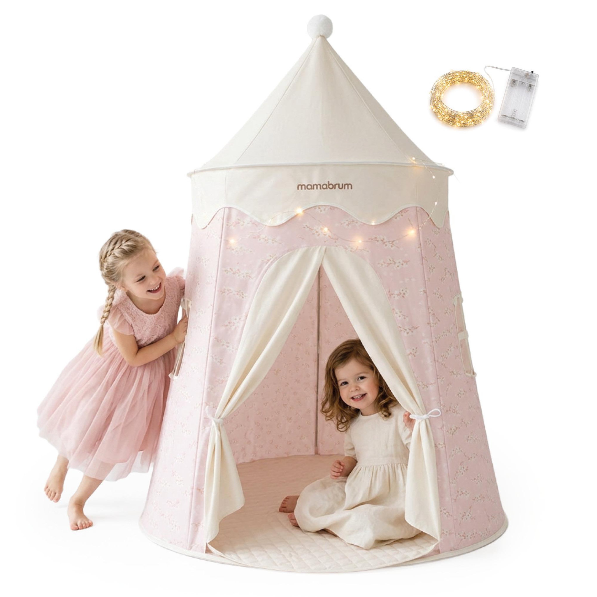 MAMABRUM Tente Tipi Enfant, Désign Château avec Guirlande LED et Tapis  de Jeu, 113x155 cm Mamabrum