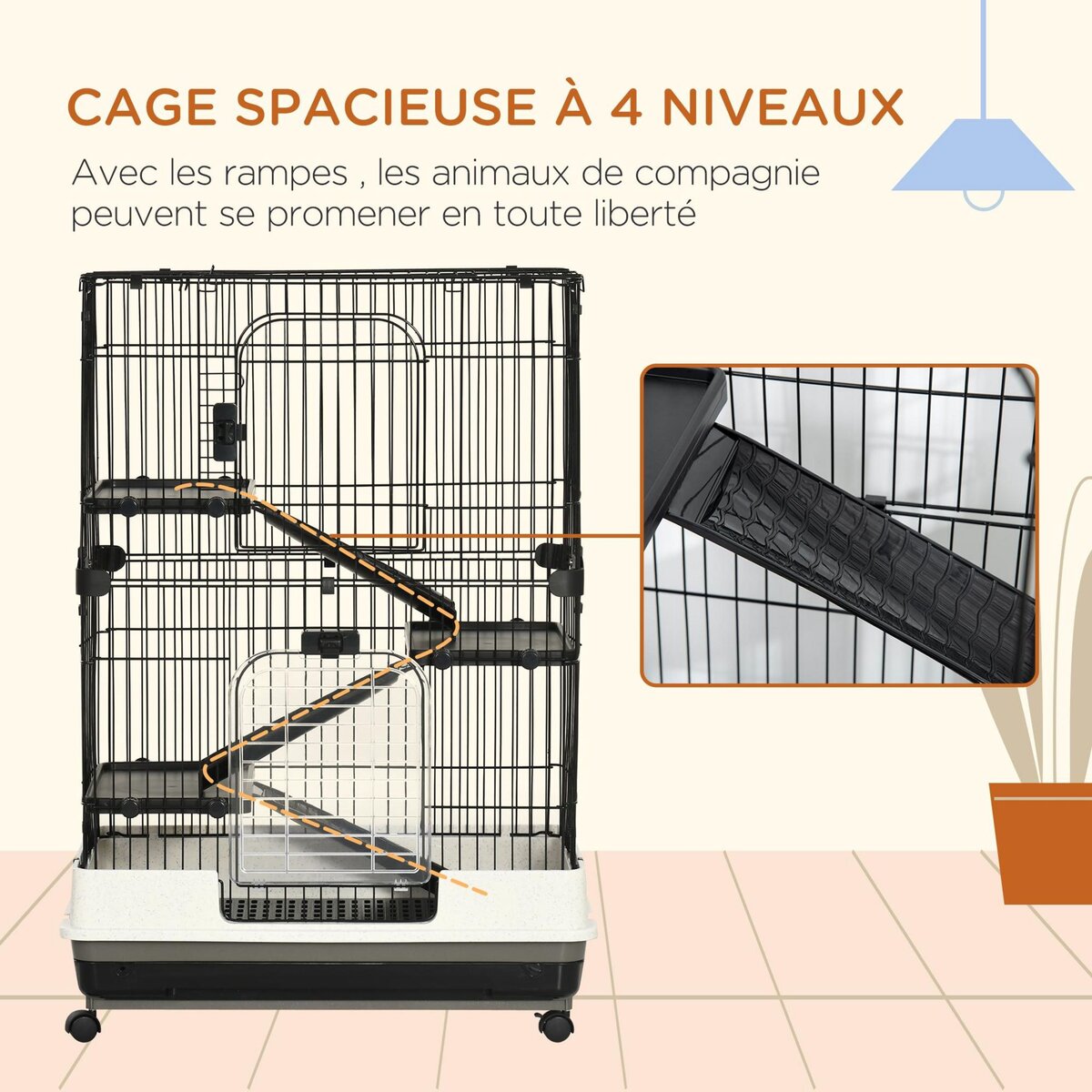 PAWHUT Cage pour cochons d'Inde chinchilla rongeur sur roulettes - 3 étages, 2 portes, trappe, plateau déjection - noir gris
