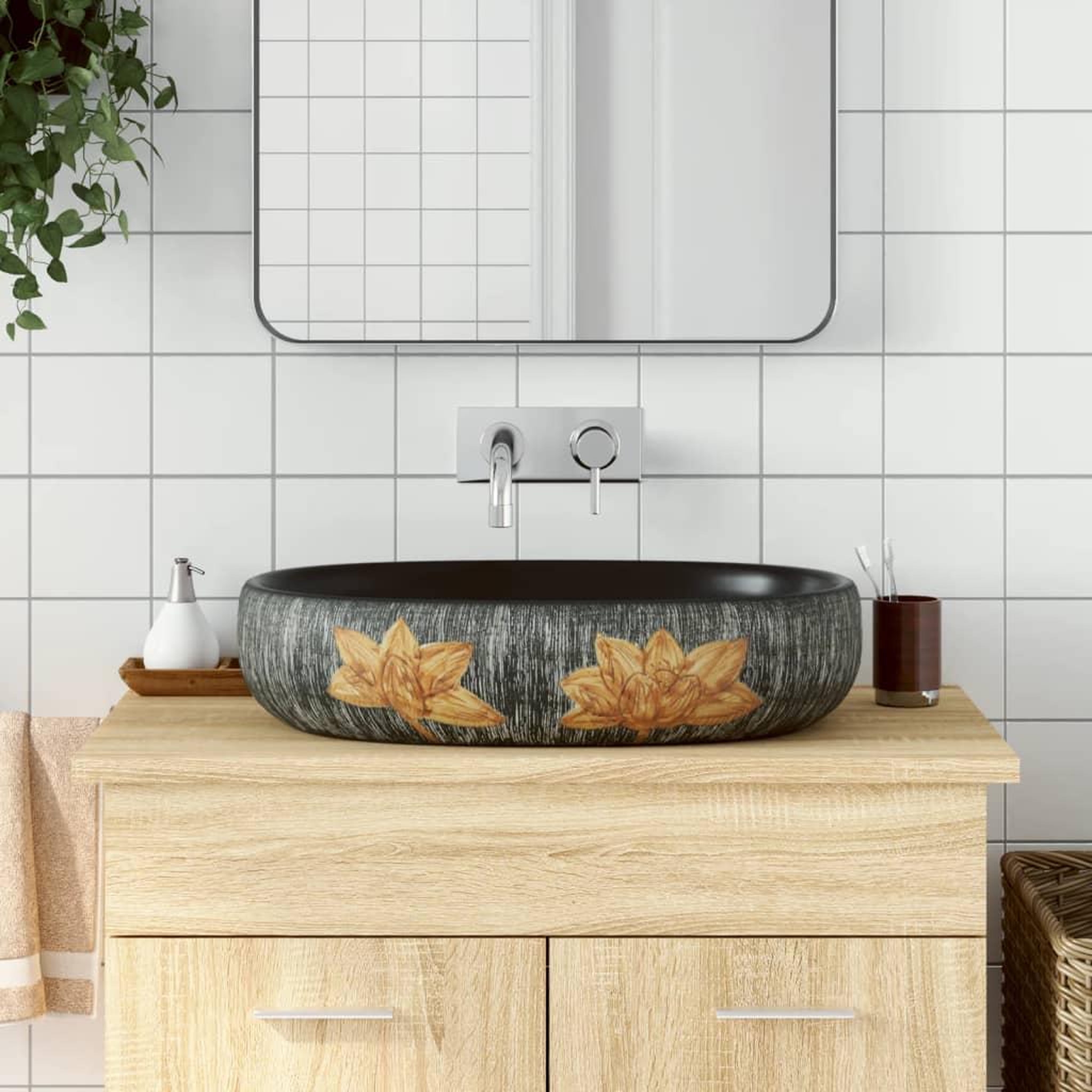VIDAXL Vasque a poser gris et noir ovale 59x40x14 cm ceramique
