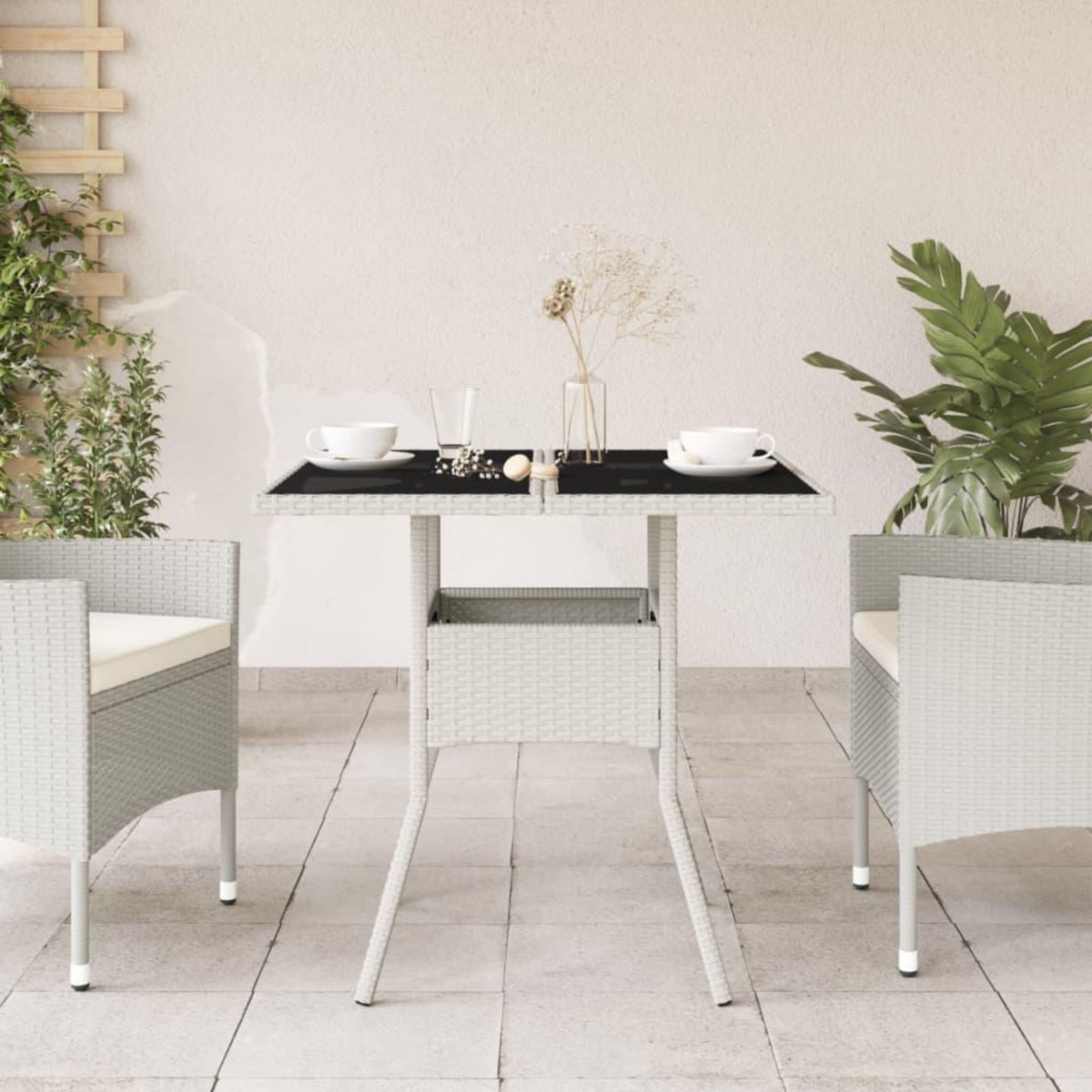 VIDAXL Table de jardin dessus en verre blanc 80x80x75cm resine tressee